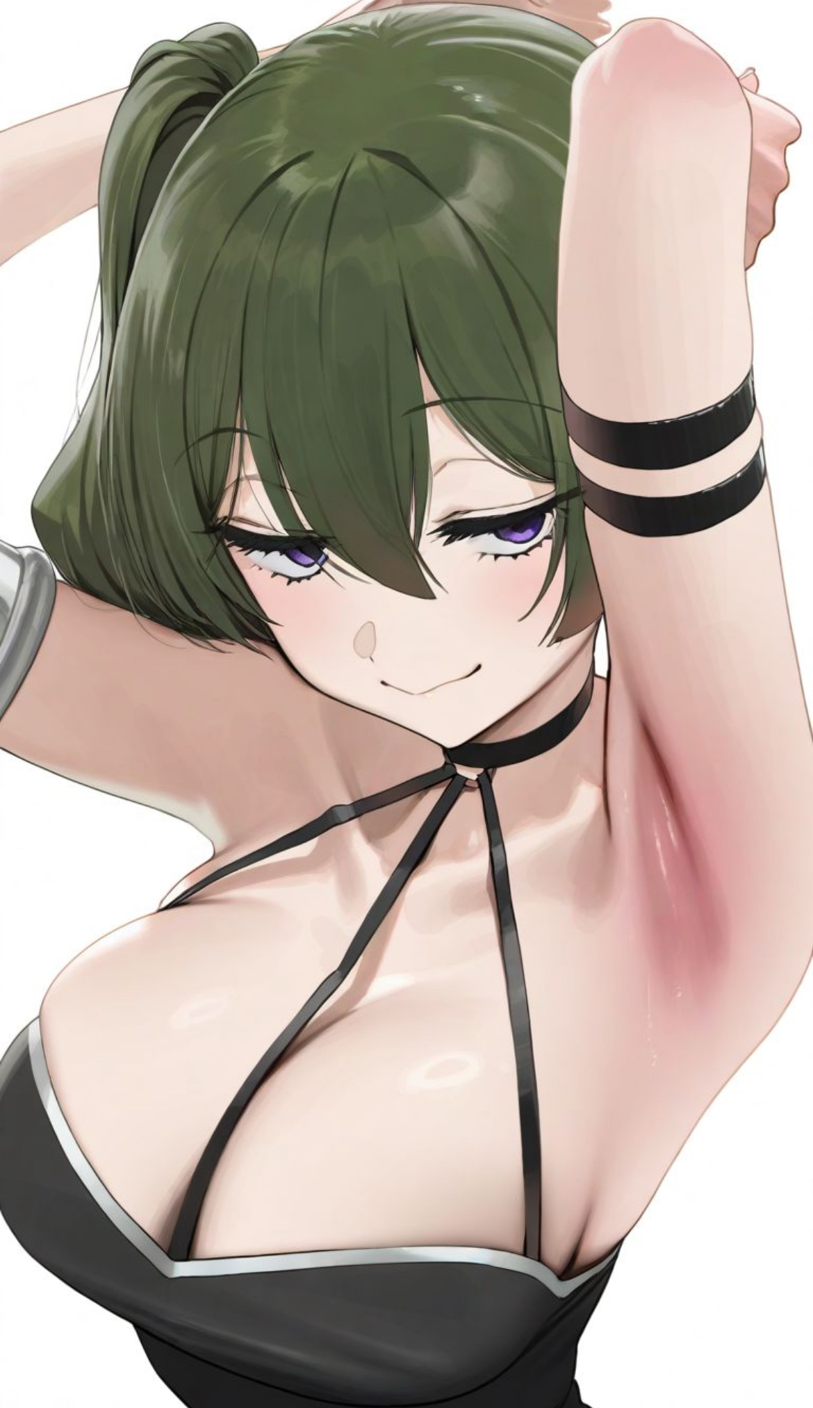 ai, ai art, ai generated, armpit fetish, armpit pussy, armpits, arms up, artist request, big breasts, breasts, cleavage overflow, female, female only, green hair, hands behind head, revealing clothes, side ponytail, sousou no frieren, ubel (sousou no frieren)