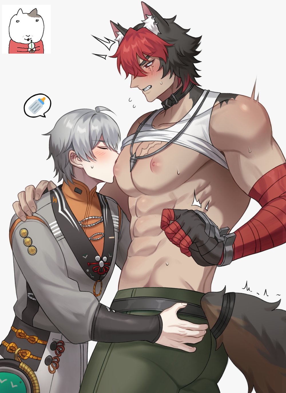 2boys, abs, animal ears, animal tail, bara, blush, gay, grey hair, komano manato, male, male focus, male only, multicolored hair, muscular, muscular male, nipple fetish, nipple play, nipple suck, official alternate costume, red hair, seum, shirt lift, simple background, sucking, sucking male nipple, sucking nipple, sucking nipples, white background, white hair, wise (soaring crane) (zenless zone zero), wise (zenless zone zero), yaoi, zenless zone zero
