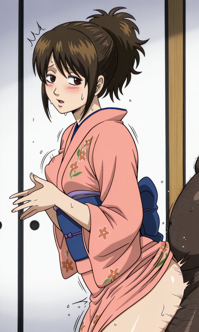 1boy, 1boy1girl, 1girls, 2d, ai generated, anime, anime style, ass, blush, breasts, brown eyes, brown hair, clothed, clothed female nude male, clothed sex, clothing, dark skin, dark-skinned male, fat, fat male, female, from behind, from behind position, fucked from behind, gintama, hairy, hairy male, high ponytail, interracial, interracial sex, japanese clothes, japanese clothing, japanese female, kimono, male, male/female, motion blur, motion lines, nervous, nervous face, nude male, nude male clothed female, open mouth, penetrating, penetration, penetration from behind, pleasure face, ponytail, quietns, secretly loves it, sex, sex from behind, shimura tae, shy, small breasts, straight, sweat, sweating, yukata