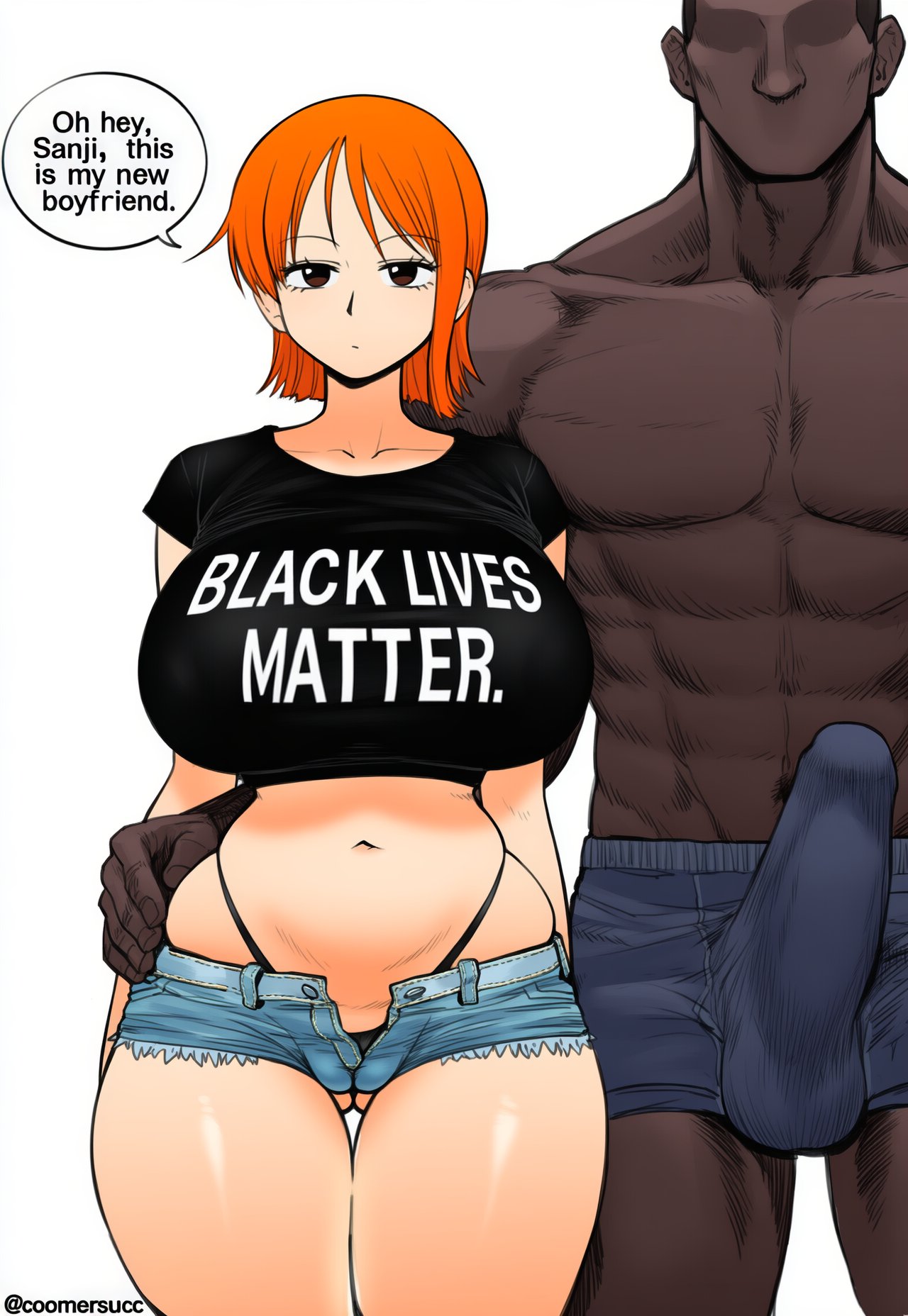 1boy, 1girls, abs, ai generated, ass, bare arms, bare legs, bare shoulders, bare thighs, big ass, big breasts, big penis, black lives matter, blush, breasts, bulge, color, coomersucc, dark skin, dark-skinned male, english text, female, generic dark-skinned-muscular male, hi res, interracial, jean shorts, large breasts, light skin, light-skinned female, male, male/female, muscles, muscular, muscular male, nami (one piece), netorare, ntr, one piece, orange eyes, orange hair, penis, short hair, shounen jump, text, thick thighs