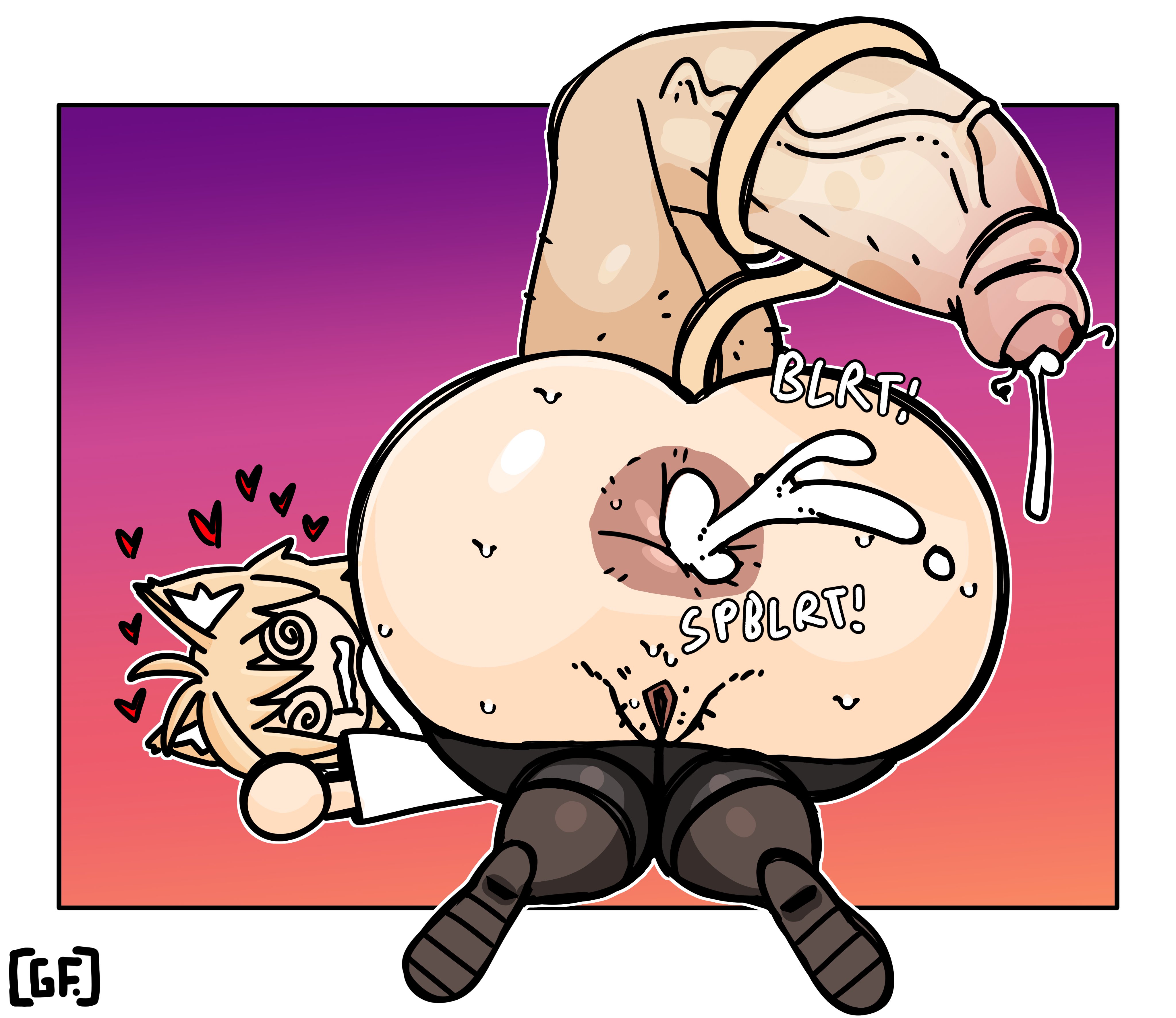 1boy, 1girls, after anal, after sex, alternate version available, anus, ass, ass bigger than head, balls, big ass, big balls, big butt, big penis, bottom heavy, bubble butt, cat ears, cat girl, cat tail, catgirl, clothing, cum, cum in ass, cum inside, cum string, curvaceous, curvy, curvy figure, disembodied penis, english text, face down ass up, female, foreskin, ghostfuckrr, heart, huge ass, huge balls, huge cock, male, melty blood, mostly nude, neco-arc, onomatopoeia, pants down, partially retracted foreskin, penis, pubic hair, puffy areola, pussy, retracted foreskin, stray pubic hair, sweat, sweaty, sweaty butt, swirly eyes, tail, tail around penis, text, thick thighs, tsukihime, uncircumcised, voluptuous, voluptuous female, white border, wide hips