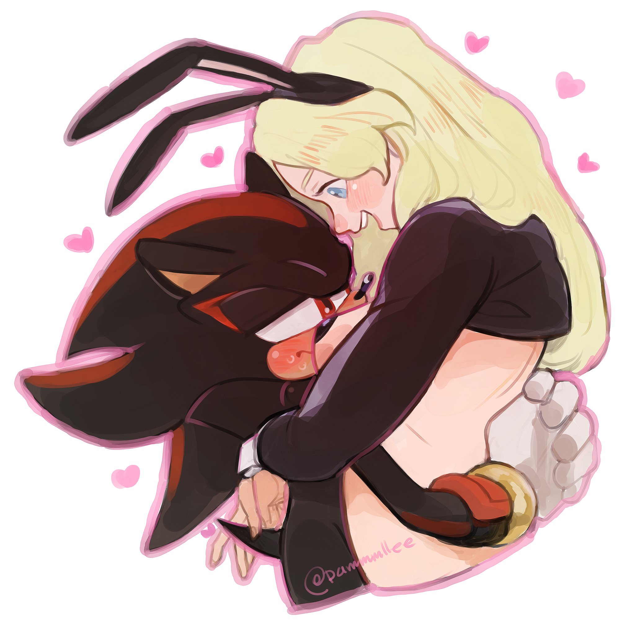 blonde female, blush, breasts, breasts out, bunnysuit, face in breasts, female, hugging, male anthro/female human, maria robotnik, pammmllee, shadow the hedgehog, signature, sonic (series), sonic the hedgehog (series)