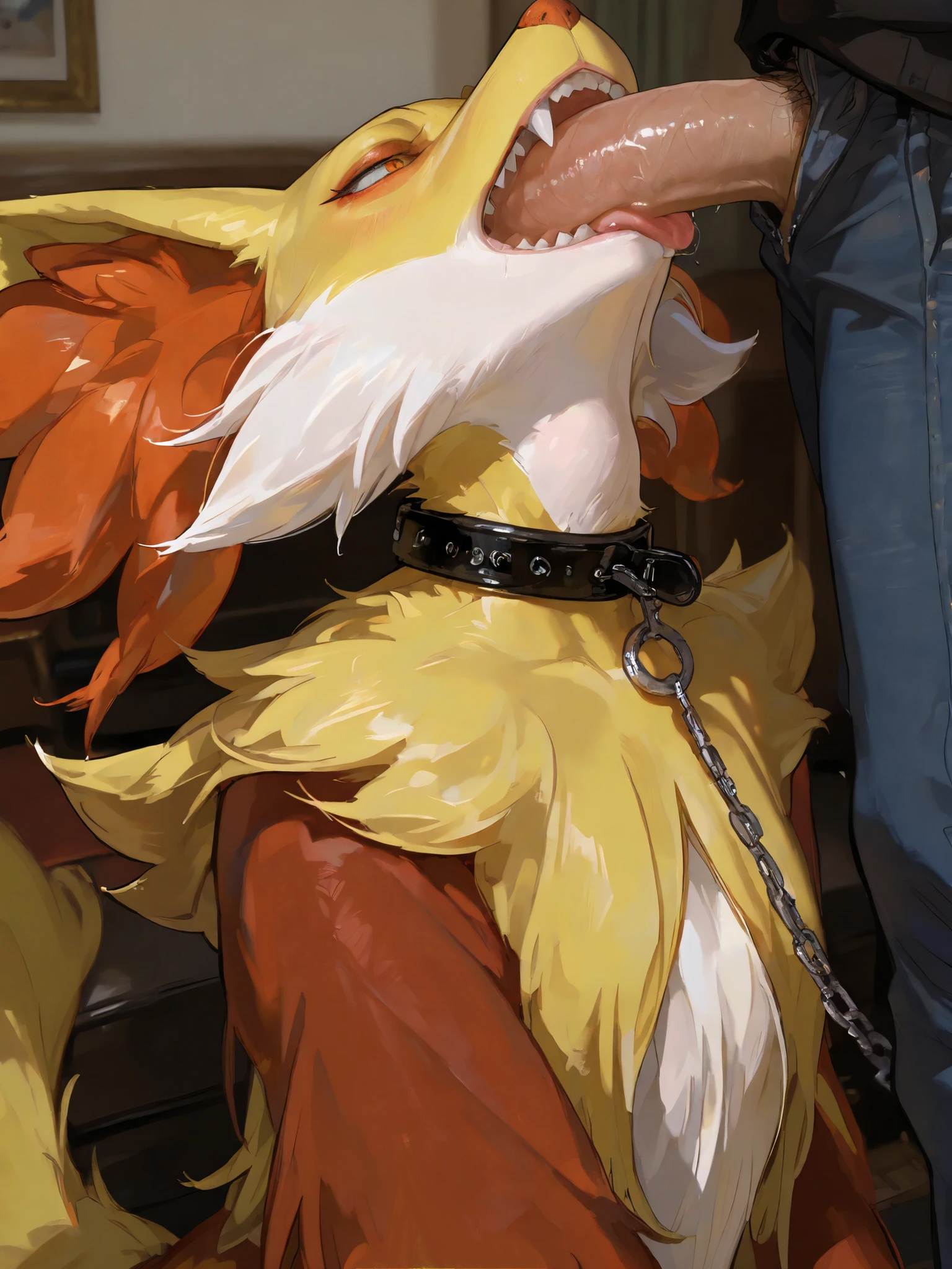 ai generated, anthro, artist request, blowjob, collar, delphox, duo, furry, leash, male, nintendo, penis, pokemon