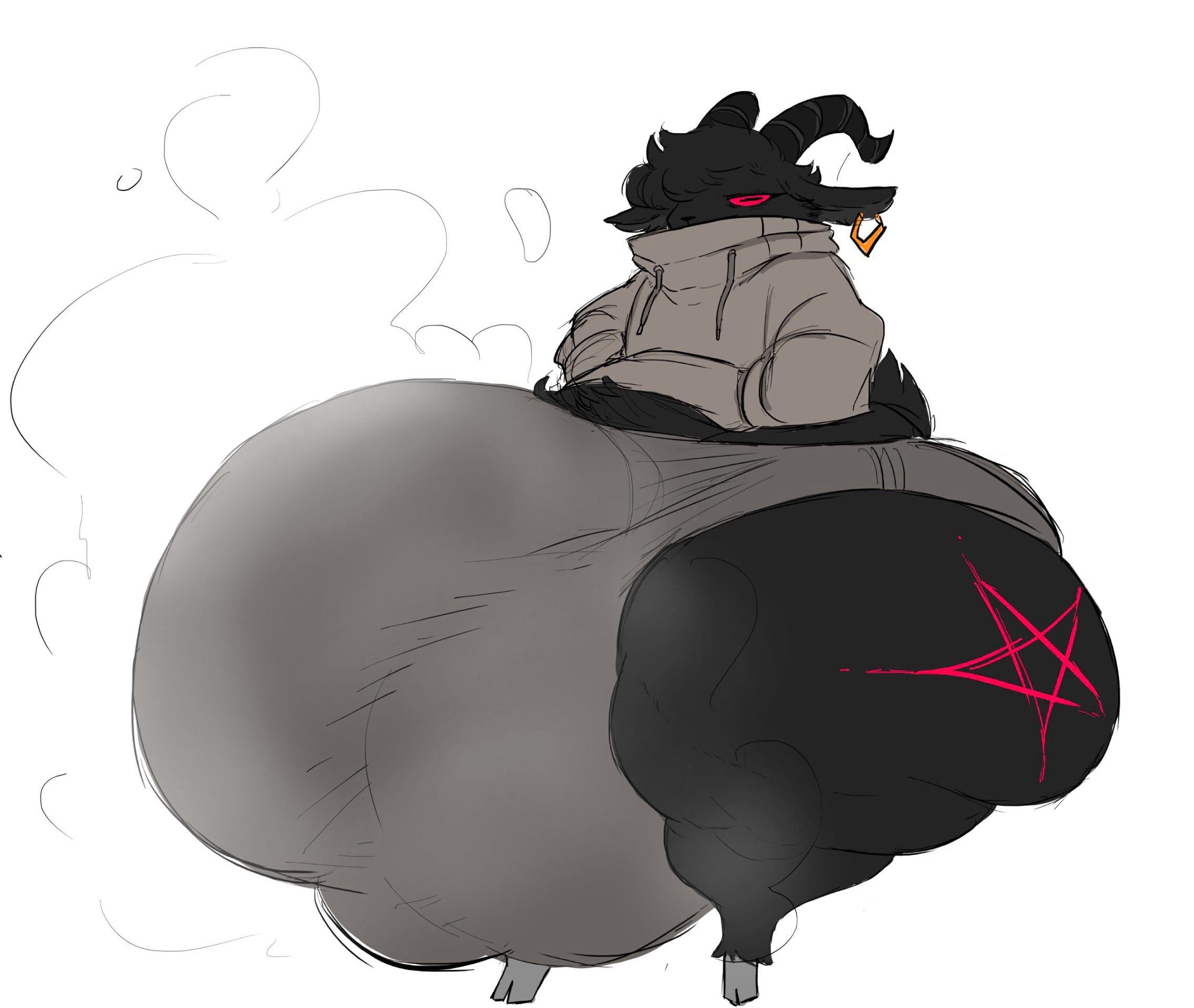 1boy, anthro, arkan (ghostfuckrr), ass, ass bigger than head, balls, big ass, big balls, big butt, big penis, black hair, bubble butt, bulge, clothing, curvaceous, curvy, curvy figure, furry, girly, goat, goat demon, goat horns, hair over one eye, hands in pockets, hooves, horns, huge ass, huge balls, huge cock, hung trap, hyper ass, hyper balls, hyper penis, male, male only, mostly clothed, musk, musk clouds, musky balls, musky cock, penis, pentagram, red eyes, scut tail, shortstack, solo, solo male, steam, steamy penis, tail, thick thighs, voluptuous, voluptuous male, wide hips, yobaba