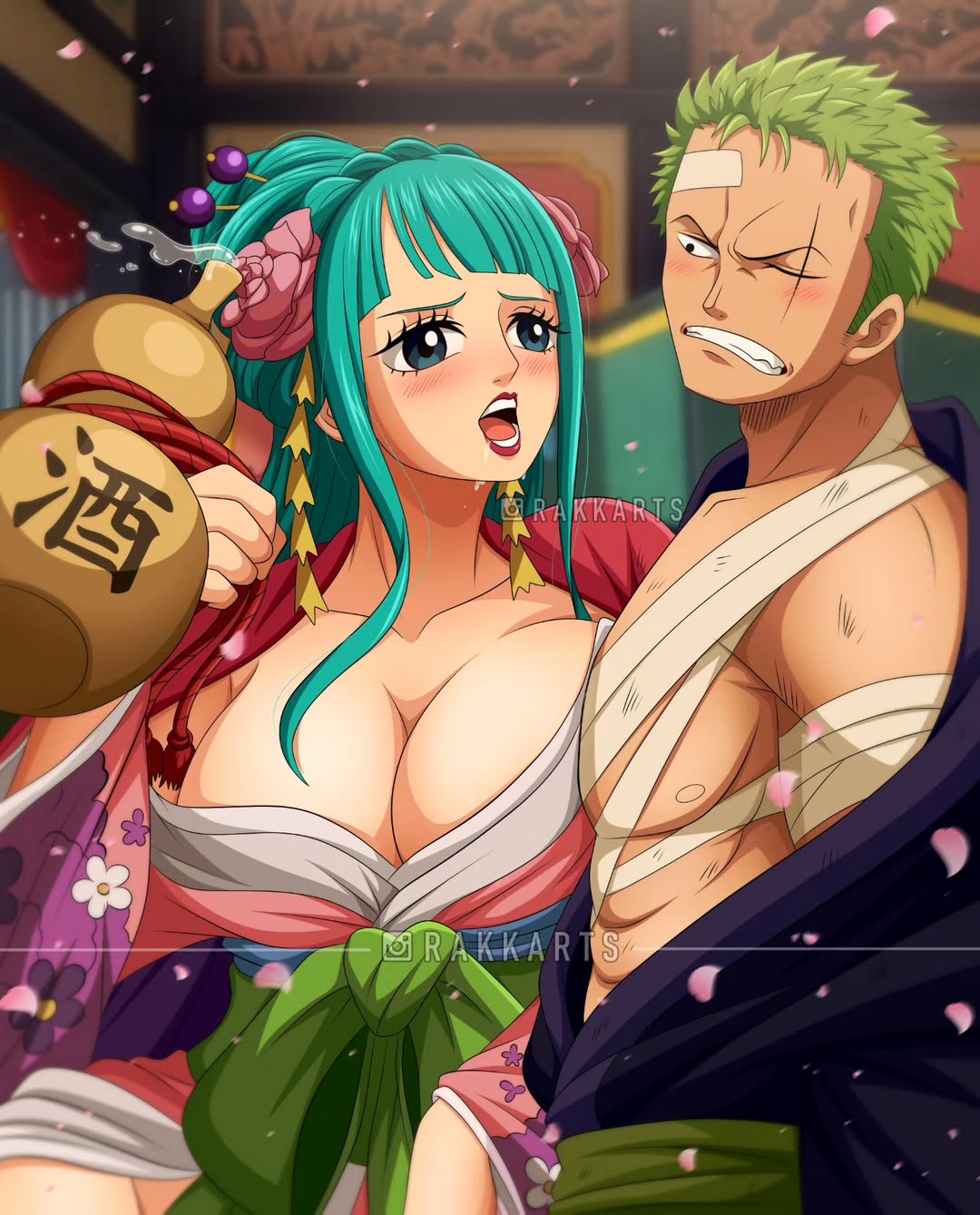 1boy, 1boy1girl, 1girls, abs, aqua hair, female, green hair, green-haired female, green-haired male, kozuki hiyori, male, one piece, rakara11, rakkarts, roronoa zoro