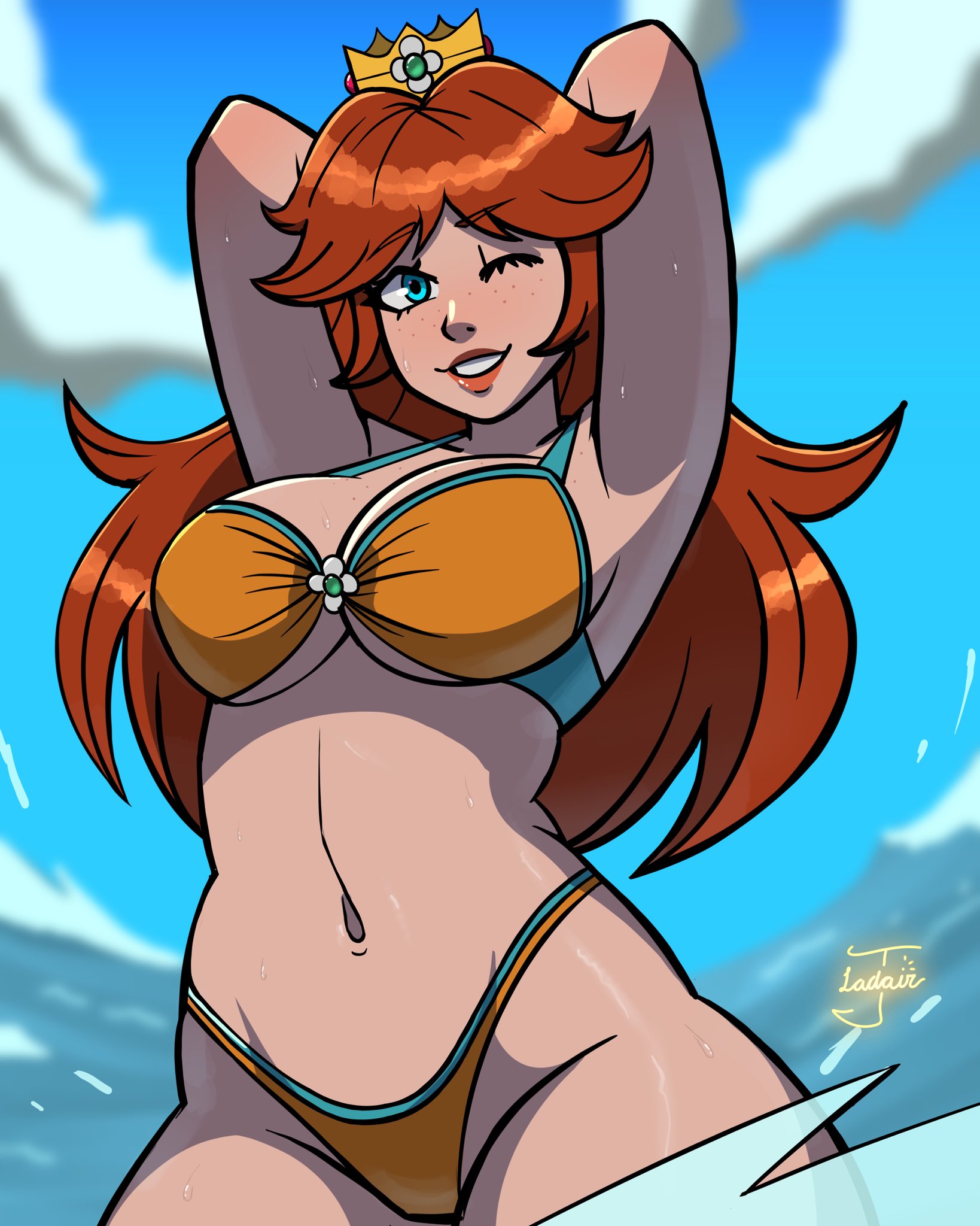 beach, big breasts, bikini, bikini bottom, bikini top, blue eyes, breasts, brown hair, female, hand on head, huge breasts, jayladair, light skin, looking at viewer, mario (series), mario kart, mario kart world, navel, princess daisy, princess daisy (swimwear), sideboob, standing, swimsuit, thick thighs, thighs, water, wide hips