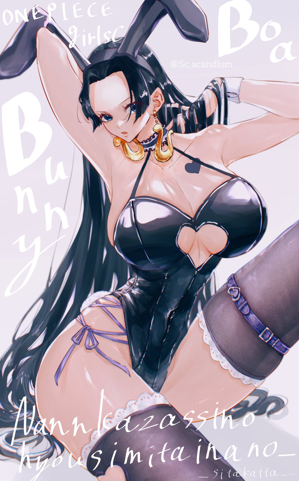 1girls, bare arms, bare shoulders, big breasts, black hair, black-haired female, blue eyes, boa hancock, breasts, bunny ears, bunnysuit, clothed, clothing, color, female, female focus, female only, hi res, large breasts, light skin, light-skinned female, long hair, looking at viewer, one piece, sc scandium, shounen jump, solo, solo female, tagme, thick thighs