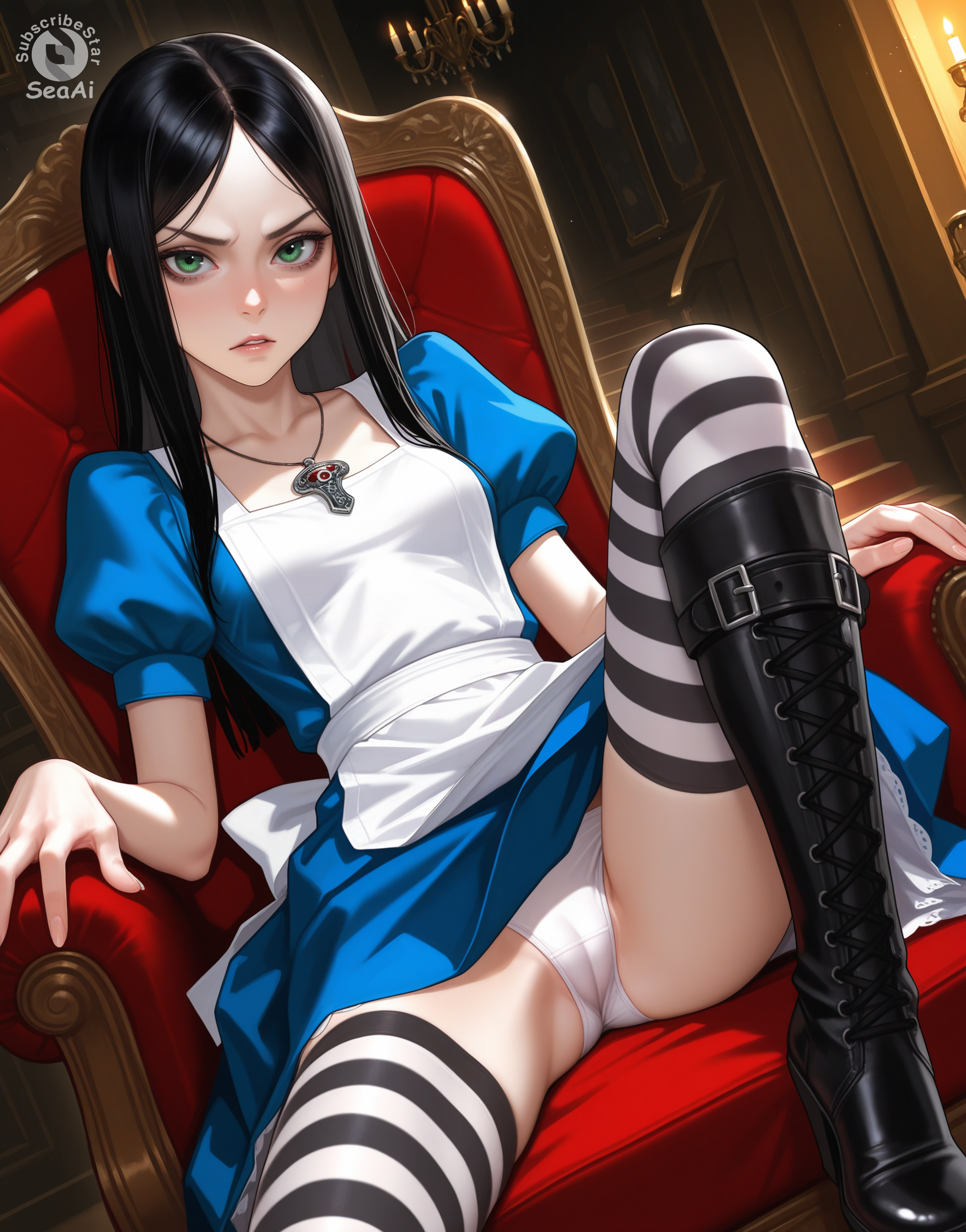 1girls, ai generated, alice (madness returns), alice in wonderland, alice liddell, alice madness returns, american mcgee's alice, boots, cameltoe, dress, dress lift, dutch angle, female, female only, frown, knee boots, knee up, on chair, panties, parted lips, seacreator, serious, serious look, sitting, sitting on chair, solo, stockings, thighhighs, underwear