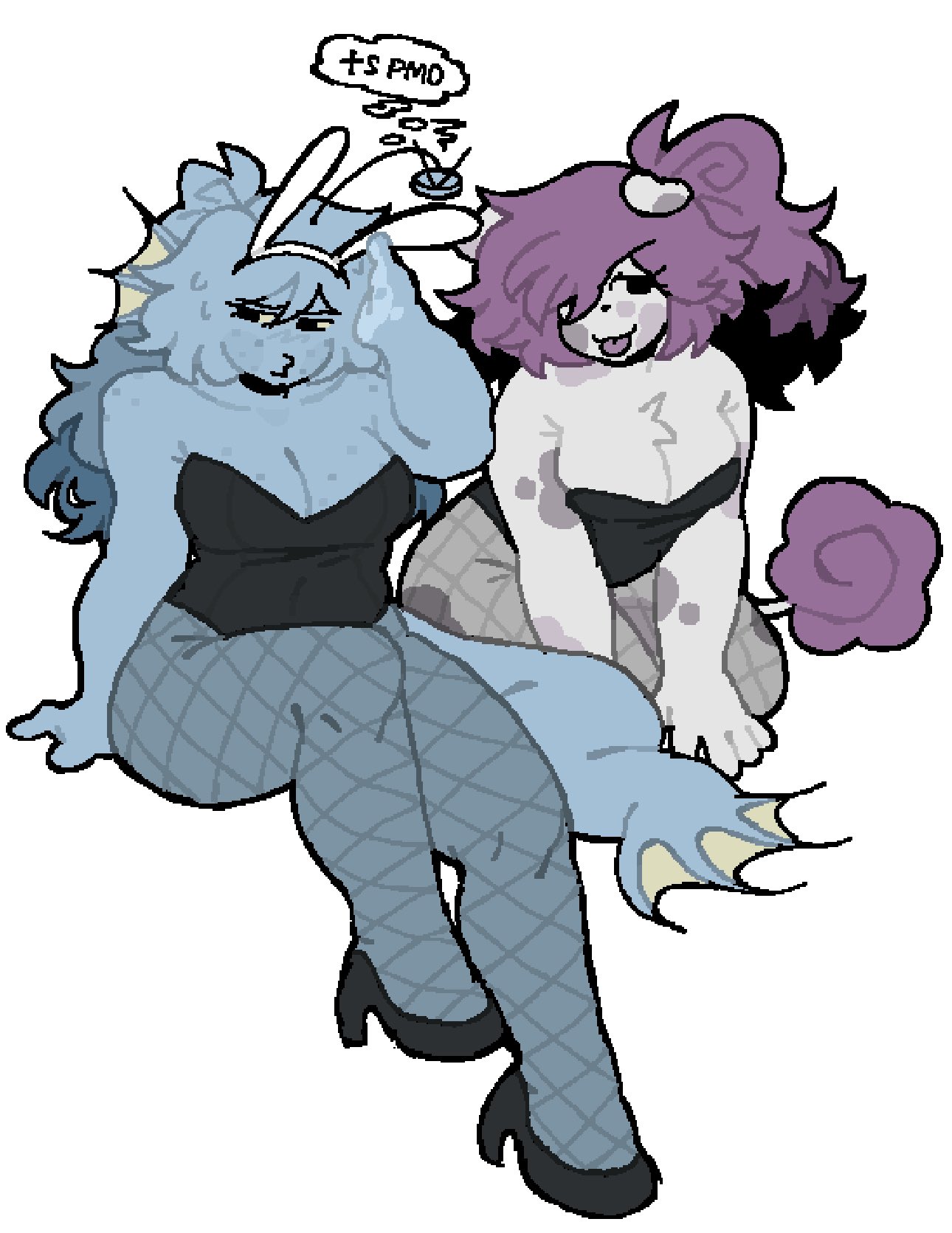 2025, 2d, 2girls, bemmy (refresh rm), blue hair, blue skin, breasts, bunny ears, bunnysuit, cleavage, dog girl, female, fish girl, fur, furry female, furry tail, gailin (refresh rm), girlfriends, heels, original characters, partners, ponytail, purple hair, purple tongue, refresh rm, spots, spots (marking), sticking out tongue, sweatdrop, tail, text, thought bubble, tongue, tongue out, twitter, twitter link, twitter user oc, white background