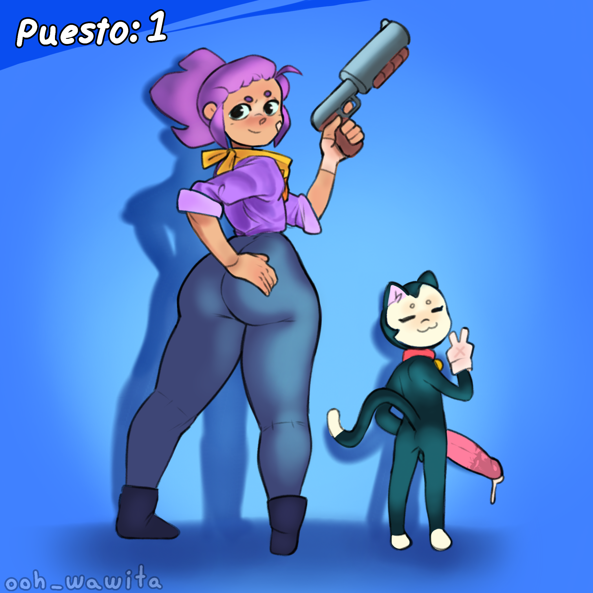 1boy1girl, back view, blue pants, brawl stars, brown skin, cat ears, cat tail, dress, feline, female, kit (brawl stars), looking at viewer, male, notwawita, penis, purple hair, purple shirt, shelly (brawl stars), simple background, small but hung, supercell, thick ass, thick thighs