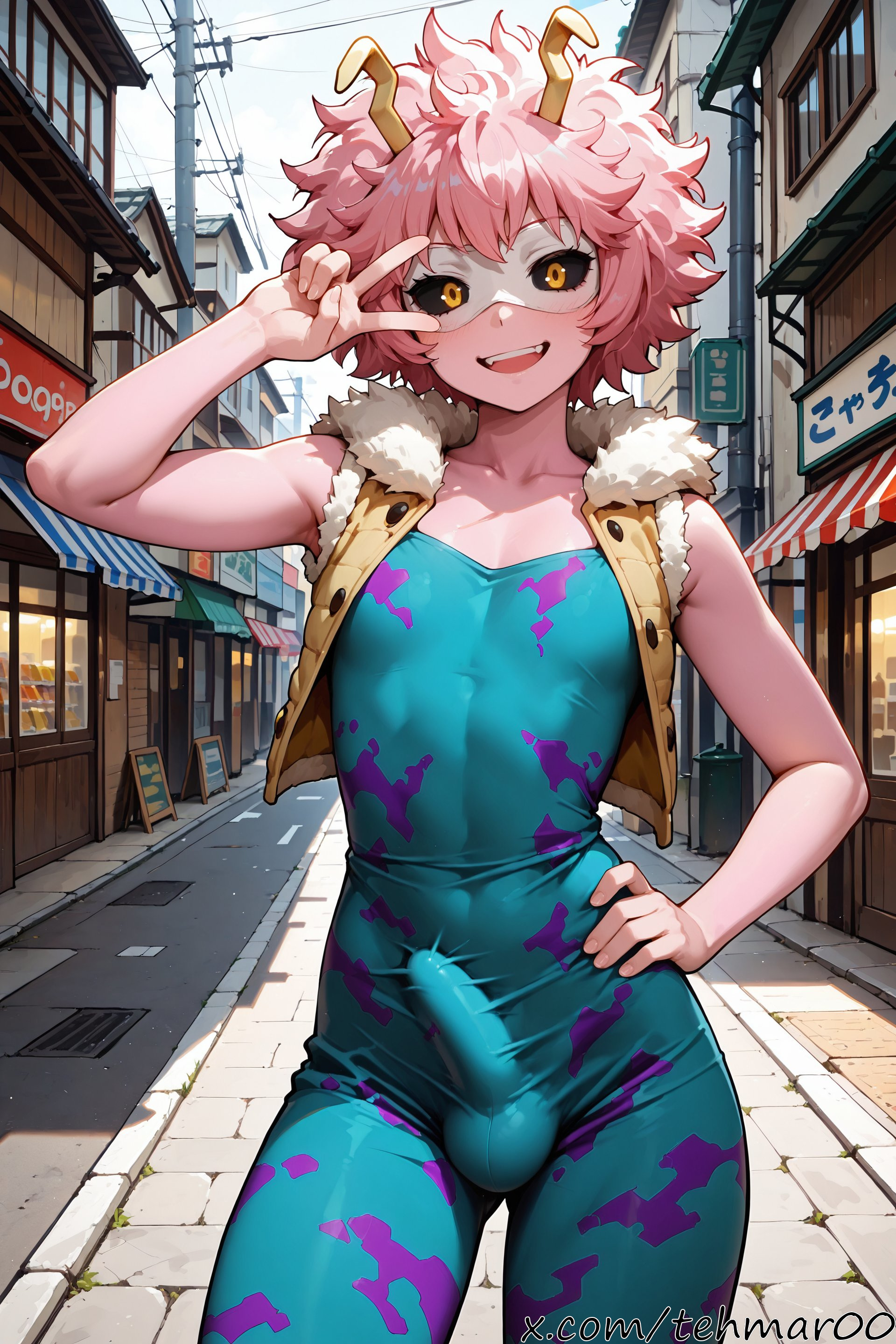1boy, ai generated, bare arms, bare shoulders, black sclera, bodysuit, boku no hero academia, bulge, city, collarbone, cowboy shot, day, erection, femboy, genderswap (ftm), hand on hip, horns, looking at viewer, male, mina ashido, my hero academia, open mouth, open vest, outdoors, pink hair, pink skin, rule 63, short hair, smile, solo, standing, superhero, tagme, tehmar, trans woman, transfem, trap, unitard, v, v over eye, vest, yellow eyes
