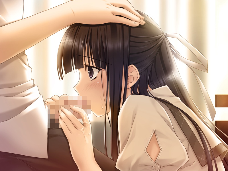 blush censored fellatio game_cg hair_ribbon hand_on_head kasugano_haruka long_hair migiwa_kazuha oral penis ribbon school_uniform suzuhira_hiro yosuga_no_sora