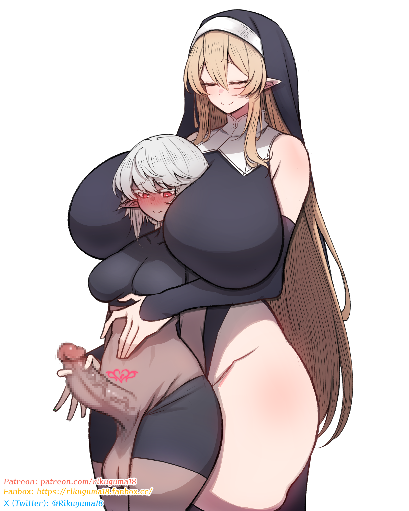 1futa, 1girls, balls, bare shoulders, between breasts, black dress, black shirt, black shorts, black sleeves, blonde hair, blush, breasts, bright pupils, censored, closed eyes, closed eyes smile, closed mouth, commentary request, cropped shirt, dark elf, detached sleeves, double-parted bangs, dress, elf, erection, female, futa with female, futanari, hair between eyes, hand on another's stomach, handjob, head between breasts, heart, heart tattoo, highres, huge breasts, intersex, large balls, large breasts, large penis, large testicles, long hair, looking down, mosaic censoring, multiple females, multiple girls, nun, original, penis, pointy ears, pubic tattoo, reach-around, red eyes, rikuguma, shirt, shorts, simple background, smile, tattoo, testicles, white background, white hair, white pupils