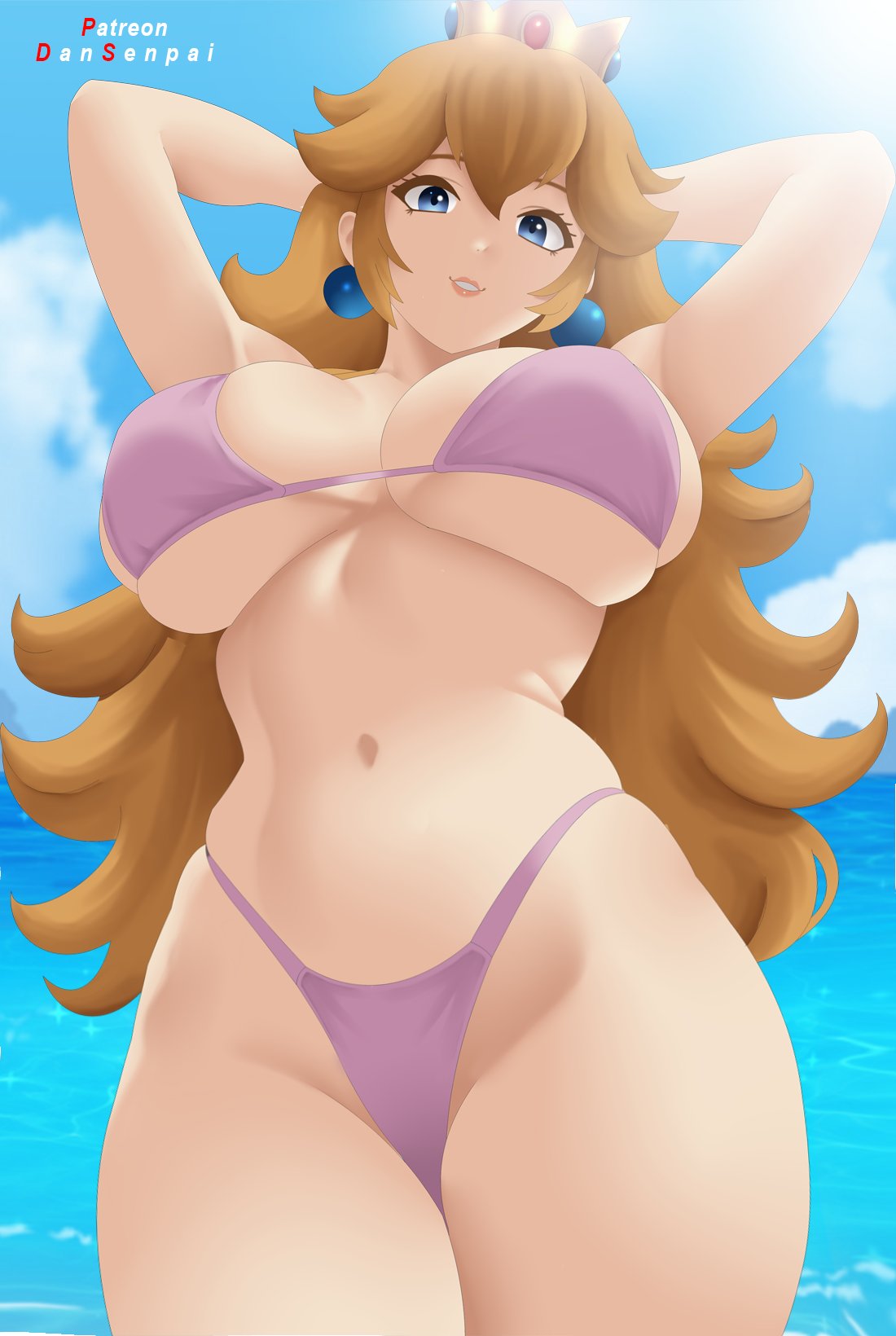1girls, arms behind head, arms up, artist name, big breasts, bikini, blonde hair, blue earrings, blue eyes, breasts, busty, cleavage, clothed, clothing, cloud, crown, dansenpai, day, ear piercing, earrings, female, gold crown, hands behind head, huge breasts, jewelry, large breasts, light skin, light-skinned female, long hair, looking at viewer, mario (series), navel, nidavellirstudios, nintendo, ocean, outdoors, outside, piercing, pink bikini, portrait, princess peach, royalty, sea, sky, smile, smiling at viewer, solo, solo female, solo focus, standing, super mario bros., swimsuit, swimwear, thick thighs, thighs, three-quarter portrait, very long hair, wide hips