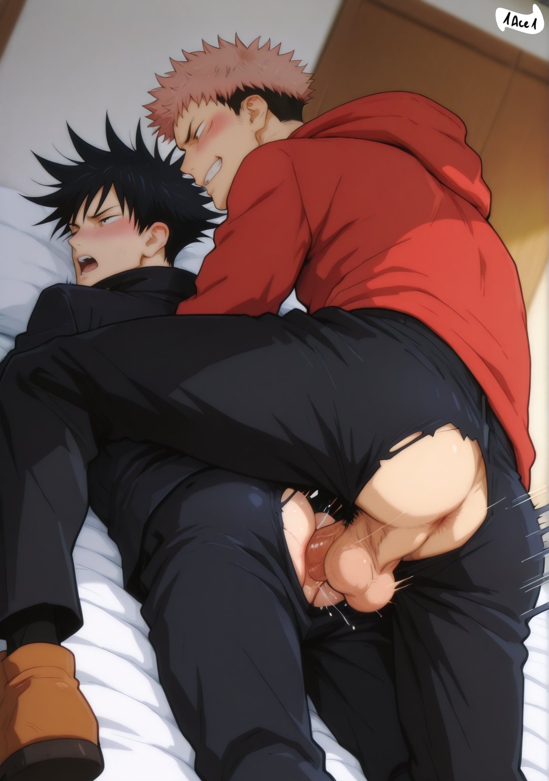 1ace1, ai generated, bara, fushiguro megumi, gay, itadori yuuji, jujutsu kaisen, male, male focus, male only, muscular, muscular male, yaoi