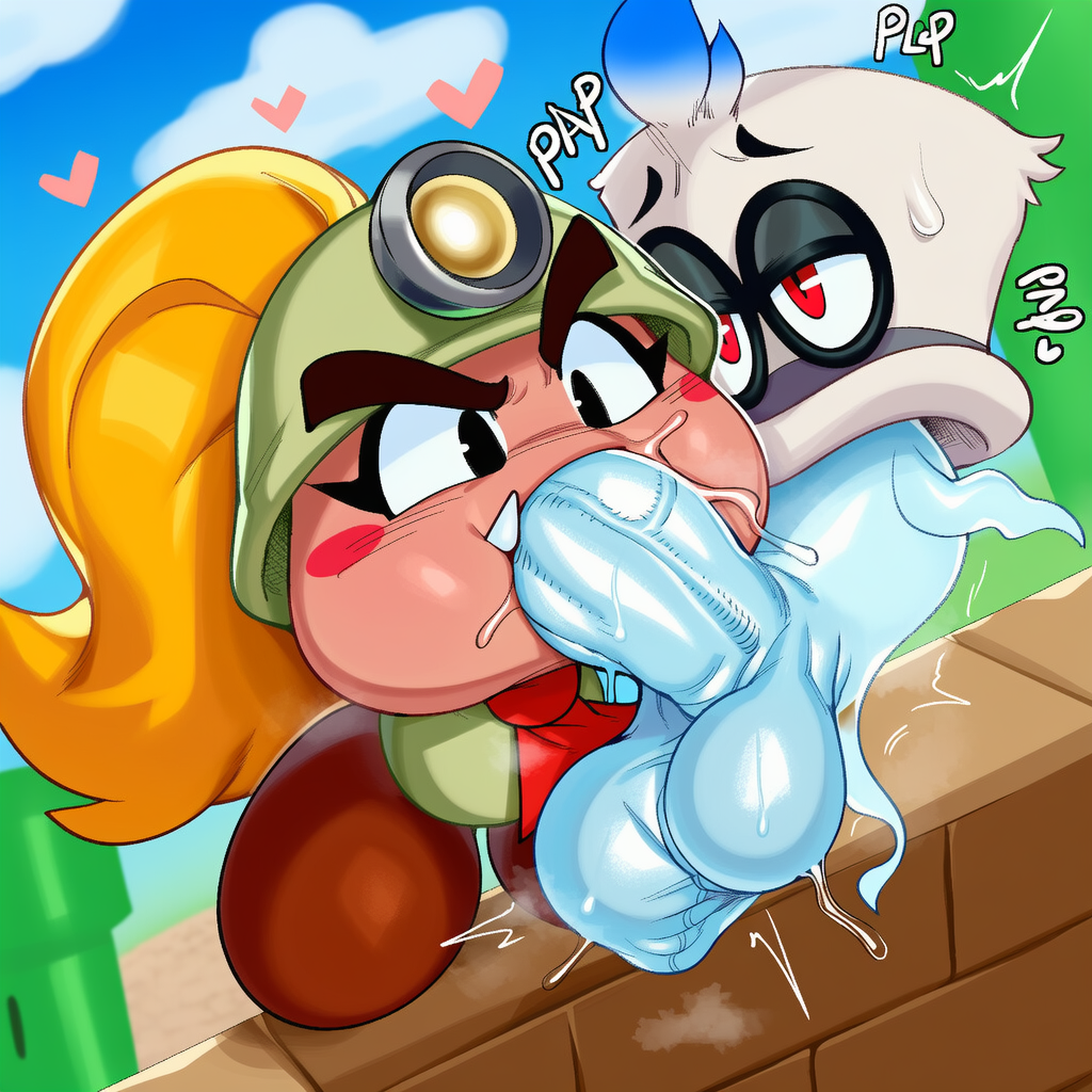 2025, absurd res, ai generated, anthro, anthro penetrated, anthro penetrating, autofellatio, balls, big balls, big penis, blue balls, blush, bodily fluids, boo (mario), cappy (mario), clothing, cum, cum in mouth, duo, erection, eyewear, fellatio, female, genital fluids, genitals, ghost, glasses, goomba, goombella, hair, half-closed eyes, hat, headgear, headwear, heart, hellsonger, hi res, huge cock, humanoid, male, male penetrating, male/female, male/male, marine, mario bros, mollusk, motion lines, narrowed eyes, nintendo, oral, oral masturbation, oral penetration, outside, penetration, penile, penis, precum, red eyes, saliva, saliva on penis, sex, sound effects, spirit, sweat, sweatdrop, text, vein, veiny penis