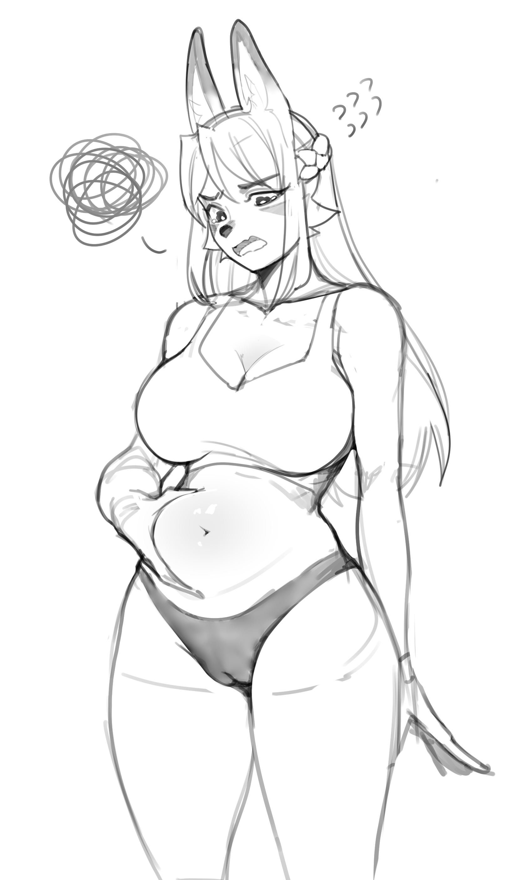 2025, 2d, 2d (artwork), 2d artwork, annoyed, belly, big breasts, big chest, big ears, black nose, blush, bra, breasts, busty, busty female, canine, chubby, chubby female, cleavage, cross, female, furry, furry female, furry only, hourglass figure, hourglass figured female, janjin192, kambo, lenka (kambo), long hair, open mouth, original, panties, panties only, pussy, pussy slit, pussy visible through clothes, pussy visible through panties, sketch, solo, solo female, tail, thick, thick thighs, thighs, tummy grab, white background