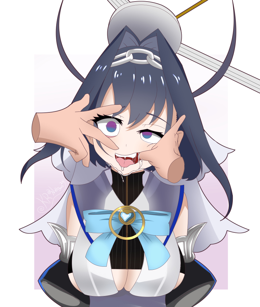 black hair, drooling, empty eyes, female, femsub, finger in mouth, hololive, hololive english, hololive english -council-, hololive english -promise-, hypnosis, kronobas28, long hair, mind control, ouro kronii, simple background, tongue, virtual youtuber