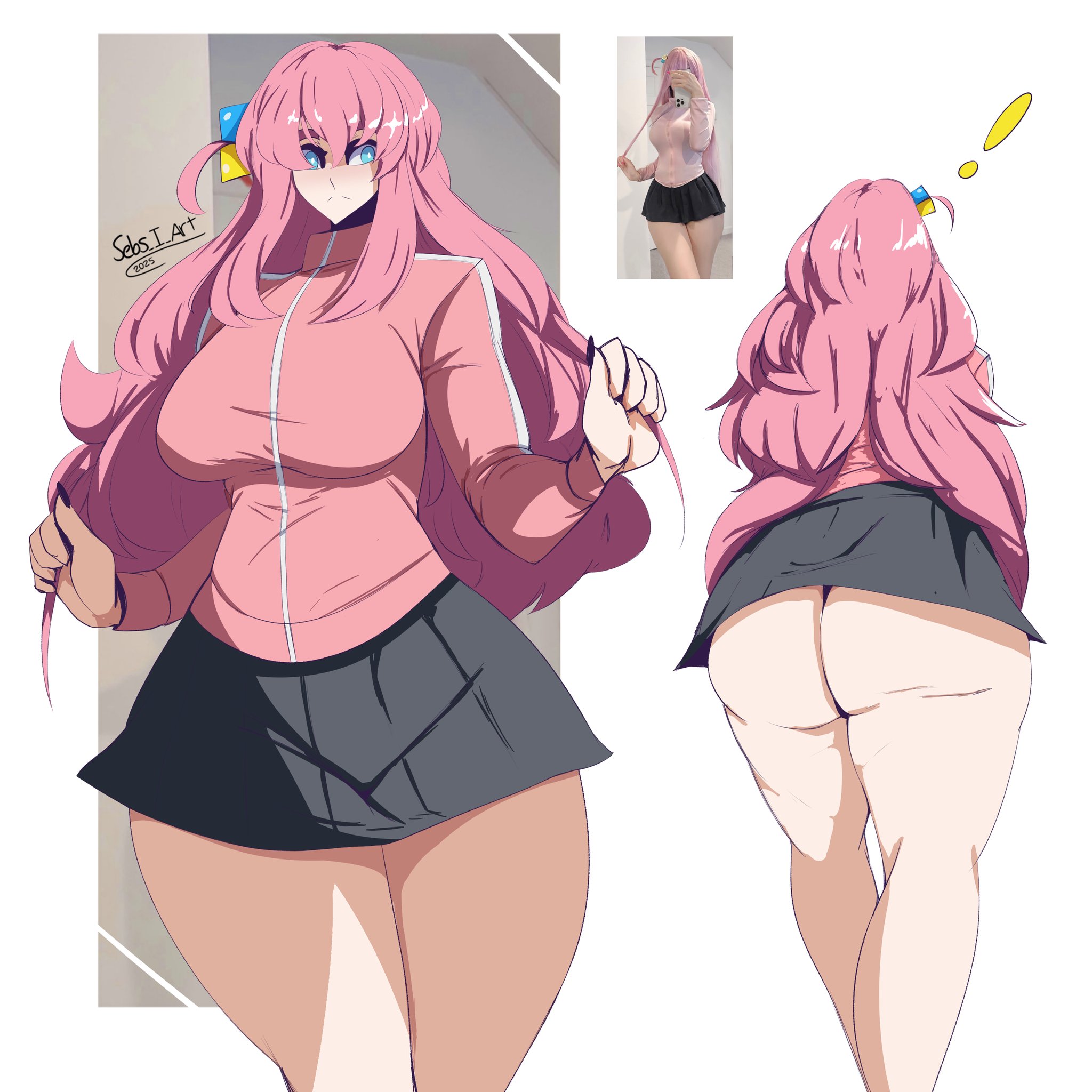 1:1, 1girls, ass, ass focus, big ass, big breasts, blue eyes, bocchi the rock!, breasts, bubble butt, clothing, cosplay, fat ass, female, female only, front view, gotou hitori, gotou hitori (cosplay), huge ass, jacket, large ass, large breasts, long hair, pink hair, rear view, redraw, reference image, sebs i art, skirt, solo, thick ass, thick thighs, wide hips