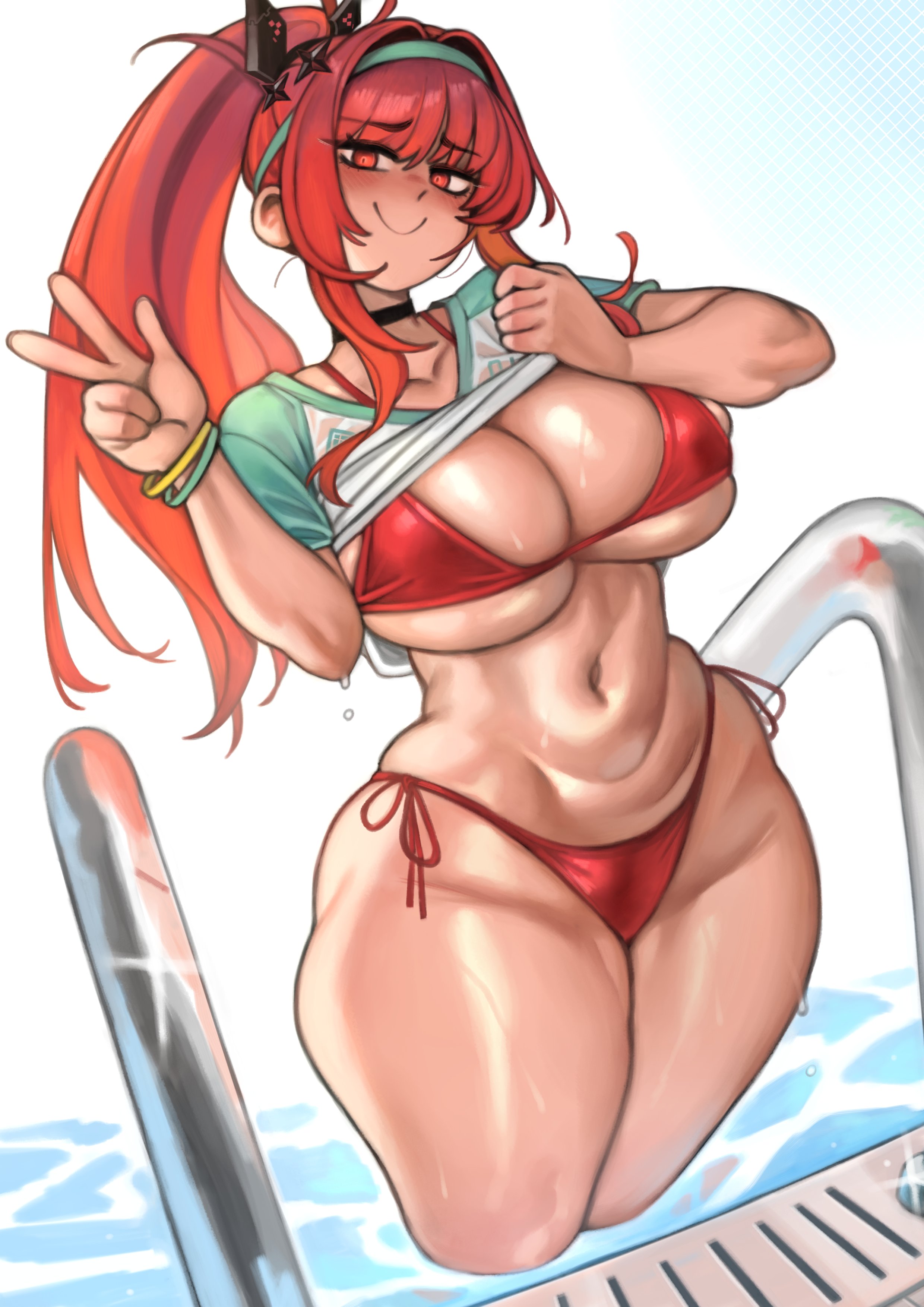 1girls, bikini, breasts, female, female focus, female only, goddess of victory: nikke, kelvin hiu, large breasts, light skin, light-skinned female, looking at viewer, rapi (nikke), rapi (red hood) (nikke), rapi (red hood) (red flavor) (nikke), red eyes, red hair, shirt, shirt lift, solo, swimsuit, thick thighs, thighs, wet, wide hips