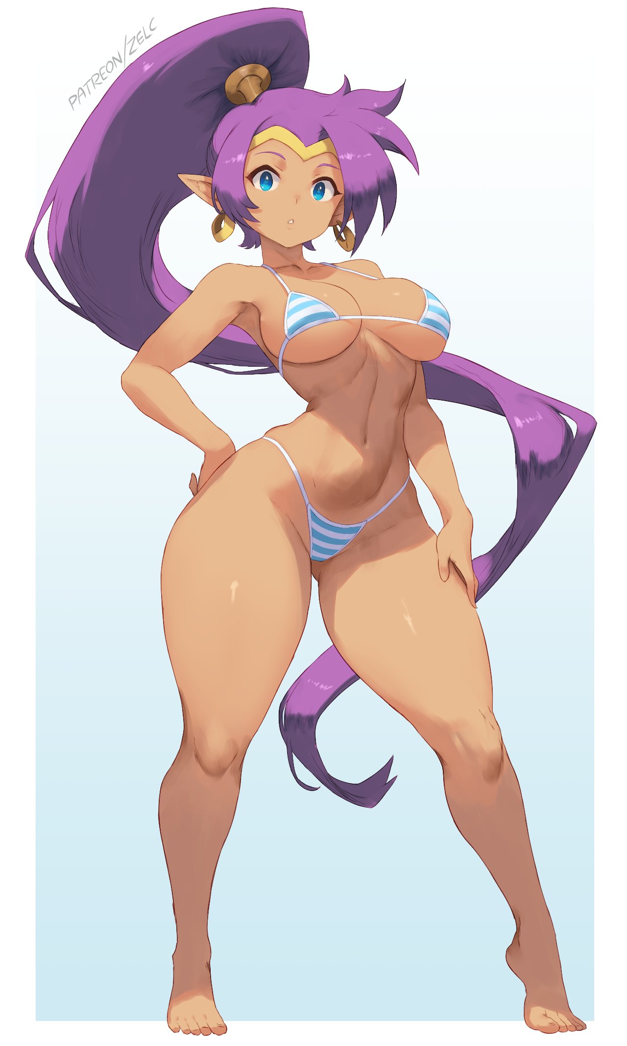 1girls, absurd res, bikini, breasts, dark skin, dark-skinned female, female, female focus, female only, hi res, large breasts, looking at viewer, shantae, shantae (character), solo, swimsuit, thick thighs, thighs, wide hips, zelc-face, zelkinne