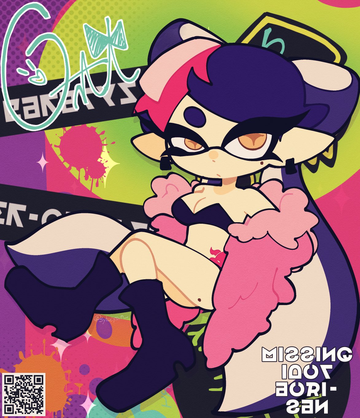 1girls, aquasonix, bottomless, callie (splatoon), concept art, female, female focus, light skin, light-skinned female, looking at viewer, nintendo, qr code, solo, solo female, solo focus, splatoon, splatoon (series), twitter link