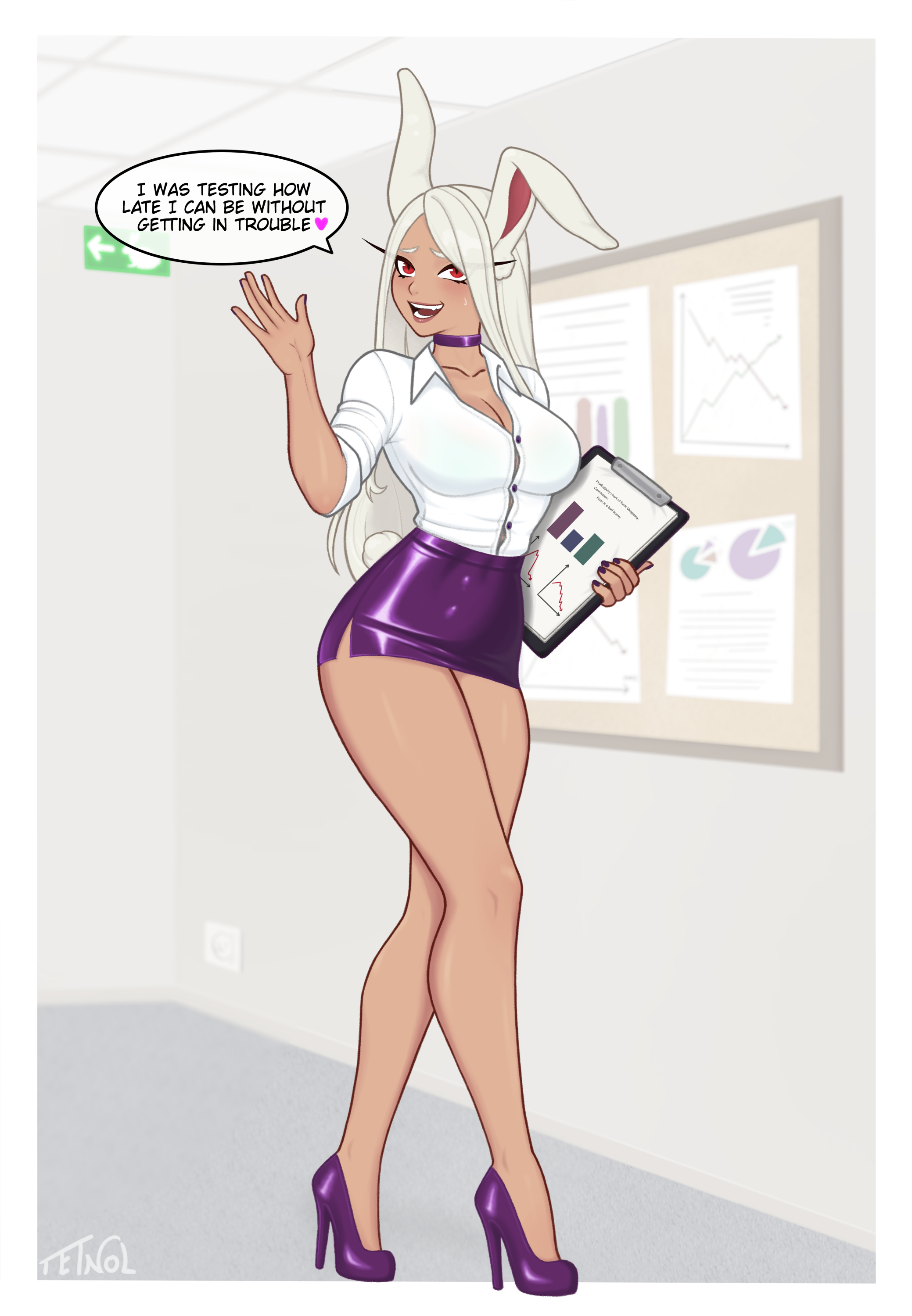 background, blouse, bunny ears, choker, cleavage, clipboard, english text, female, female only, fully clothed, heels, high heels, holding clipboard, holding object, latex, latex clothing, latex skirt, long hair, microskirt, miniskirt, mirko, my hero academia, nail polish, office, office clothing, office lady, painted fingernails, painted nails, purple clothing, purple heels, purple shoes, purple skirt, red eyes, revealing clothes, rumi usagiyama, shiny skin, shirt, skimpy clothes, skirt, speech bubble, tan body, tan skin, tetnol, text, tight clothing, tight skirt, waving, waving at viewer, white blouse, white hair