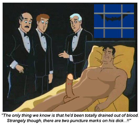 alfred_pennyworth batman batman:_the_animated_series batman_(bruce_wayne) batman_(series) bruce_wayne closed_eyes cmnm dc dc_comics dcau erection gay male male_only multiple_boys multiple_males nude on_back on_bed penis puncture_wounds tagme yaoi