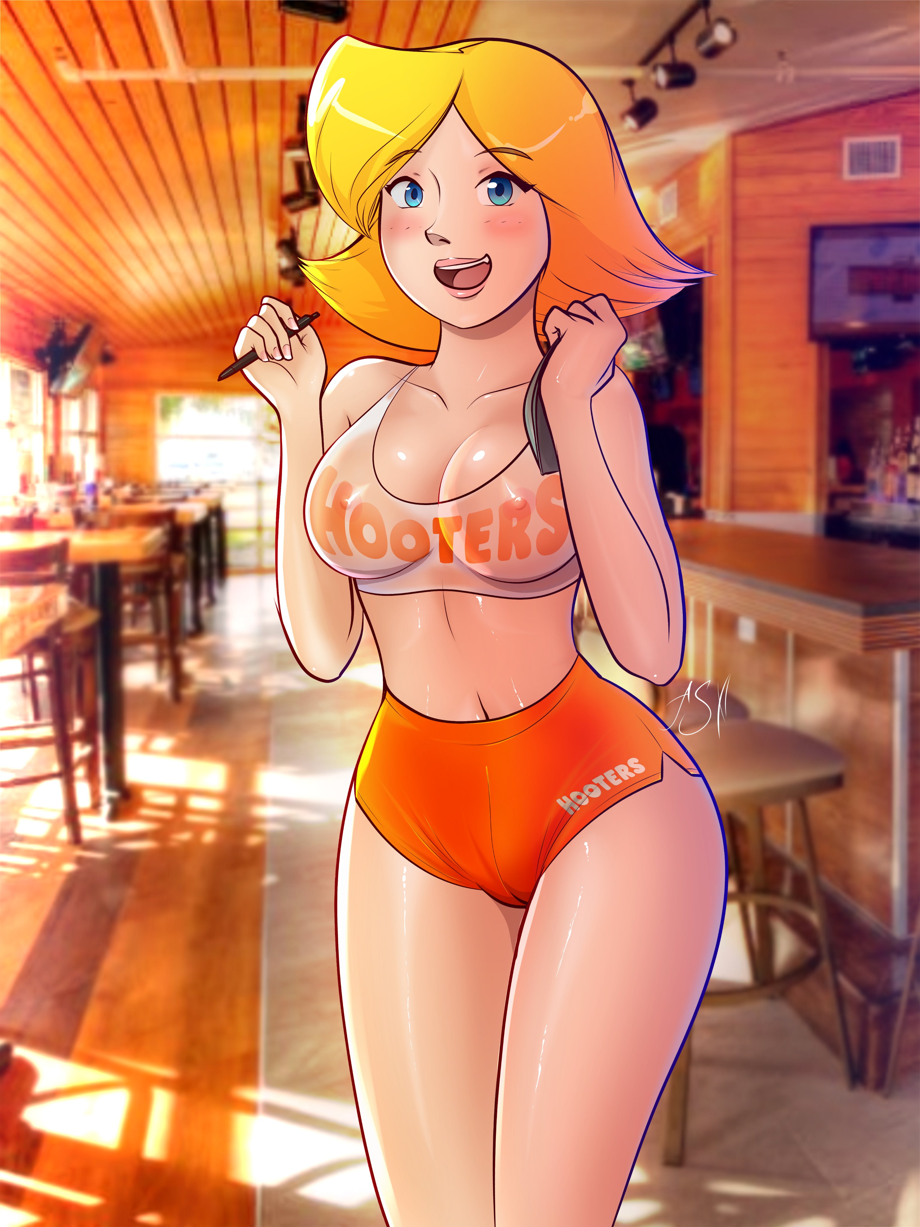 1girls, alternate version available, applespicex, blonde hair, blue eyes, blush, breasts, cameltoe, cleavage, clothed, clover (totally spies), crop top, female, female only, fully clothed, hooters, hooters uniform, hourglass figure, large breasts, light skin, light-skinned female, looking at viewer, medium hair, nipples, nipples visible through clothing, notepad, open mouth, pen, pussy, restaurant, revealing clothes, see-through, see-through clothing, shiny skin, short shorts, shorts, skimpy, smile, solo, tank top, thighs, tight clothing, totally spies, waitress, white skin, wide hips