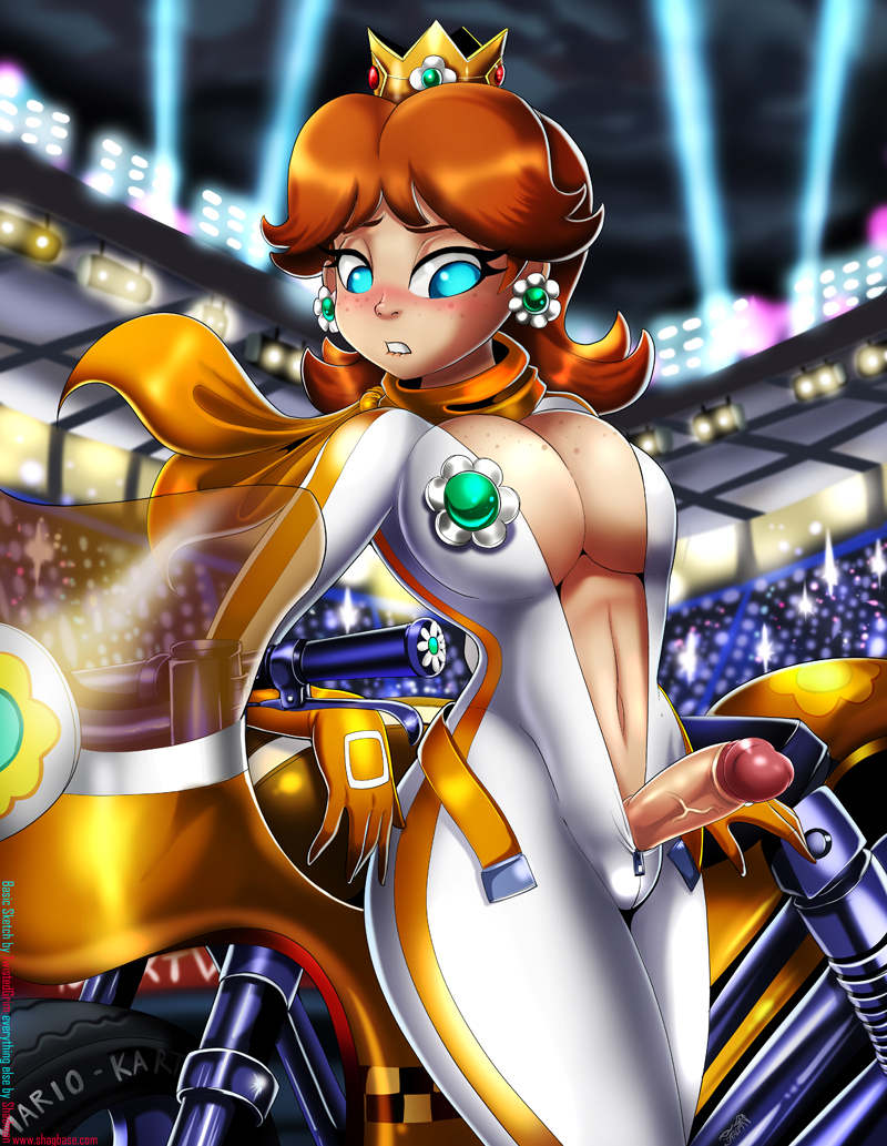 1futa, biting lip, blue eyes, blush, bodysuit, breasts, brown hair, cleavage, clothing, color, crown, dickgirl, earrings, erection, freckles, futa only, futa sans balls, futanari, gloves, hair, human, intersex, jumpsuit, large breasts, mario (series), mario kart, midriff, motorcycle, navel, nintendo, penis, penis out, princess daisy, pussy, scarf, shadman, solo, standing, unzipped