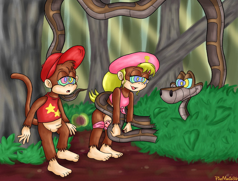 1girls 2boys anthro_only bottomless color crossover diddy_kong diphallia diphallism disney dixie_kong donkey_kong_(series) female firemario86 forest furry haplorhine hemipenes hypnosis interspecies kaa male mind_control monkey monkey_boy monkey_girl multi_penis nintendo no_humans party_wipe penis primate pussy rape sex snake the_jungle_book vaginal_penetration