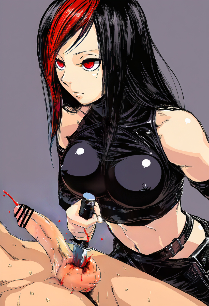 1boy, 1boy1girl, 1girls, balls, bblls, blood, blood from penis, castration, cbt, censored, censored penis, clothed female, clothed female nude male, cock and balls torture, female, femdom, knife, nipples visible through clothing, nude male, pain, penis