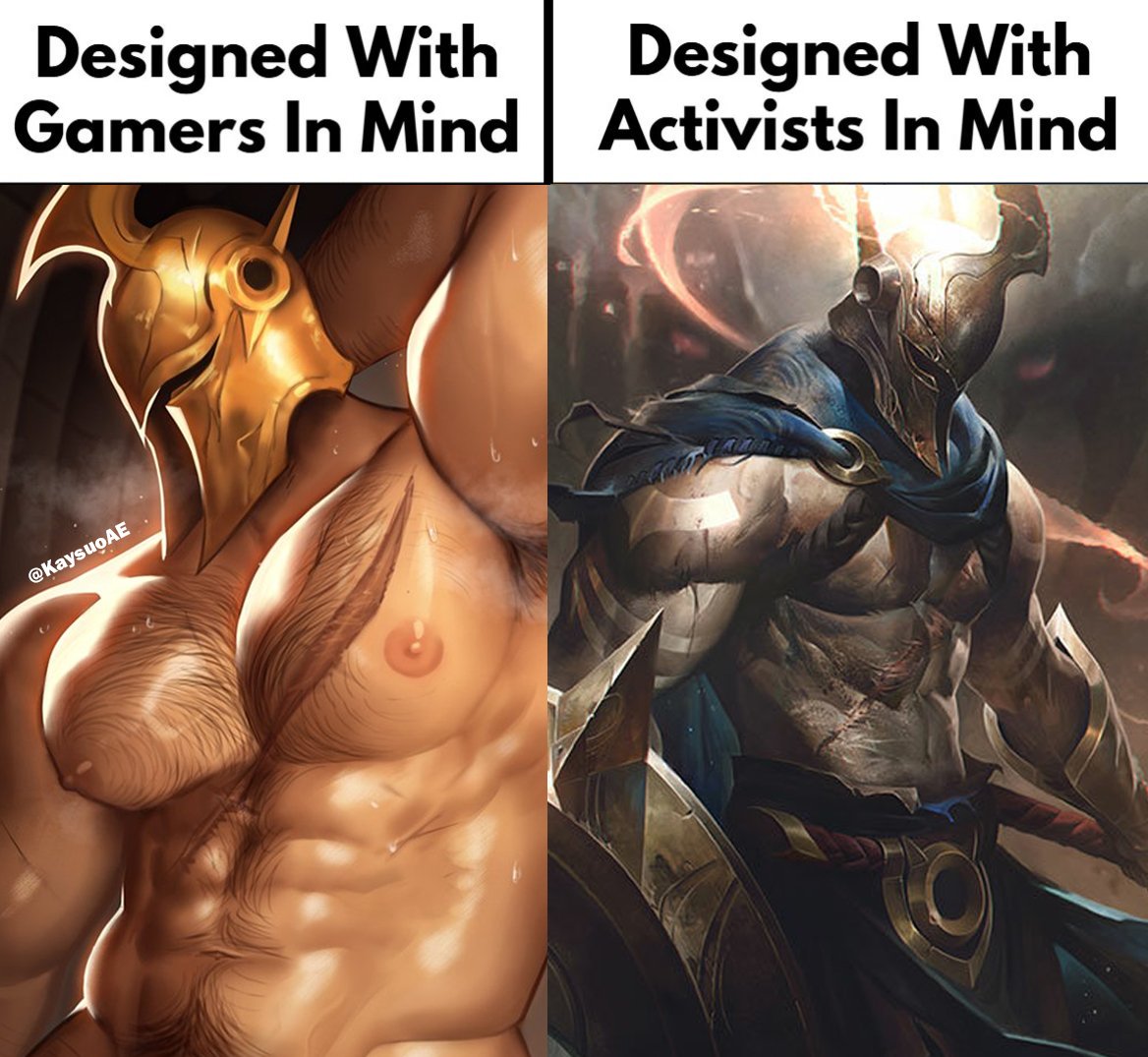 armpit, armpit hair, atreus (league of legends), bara, designed with gamers in mind, helmet, kaysuo, league of legends, male, male only, meme, muscular, muscular male, musk, nude, pantheon, solo, solo male, sweat, sweating, yaoi