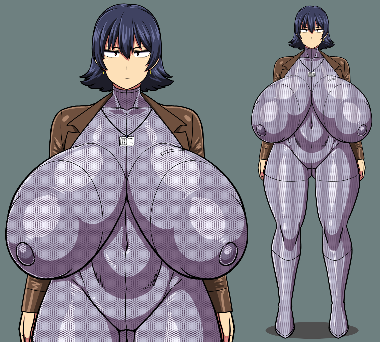 1girls, amazon (taitaitaira), bodysuit, breasts, curvy, earrings, enormous breasts, erect nipples, female, gigantic breasts, huge breasts, impossible bodysuit, impossible clothes, impossible fit, izumi (amazon), jacket, looking at viewer, nipples, original, original character, sanpaku, sanpaku eyes, short hair, tight bodysuit, tight clothes, tight clothing, tight fit, transparent clothing