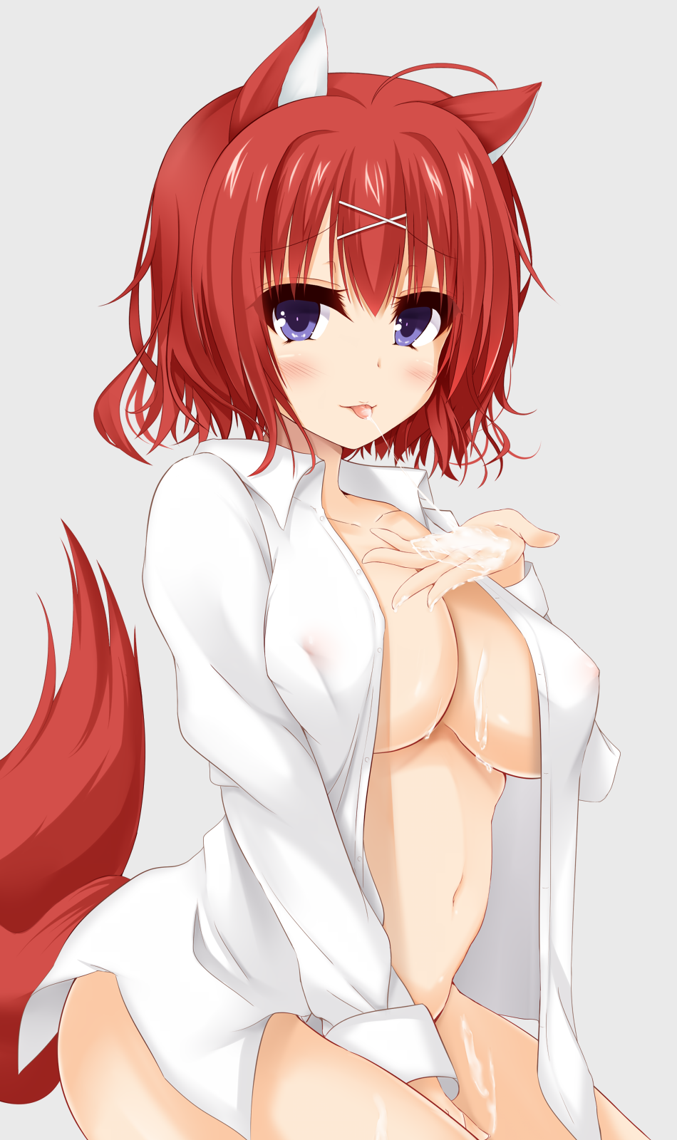 ahoge amairo_islenauts animal_ears bangs blue_eyes blush breasts covered_nipples cum cum_in_hands cum_in_mouth cum_on_body cum_on_breasts cum_on_lower_body cum_on_tongue cum_on_upper_body dog_ears dog_tail ero-god eyebrows_visible_through_hair female hair_ornament hairclip highres large_breasts looking_at_viewer masaki_gaillard naked_shirt red_hair shirt short_hair solo tail tongue tongue_out x_hair_ornament