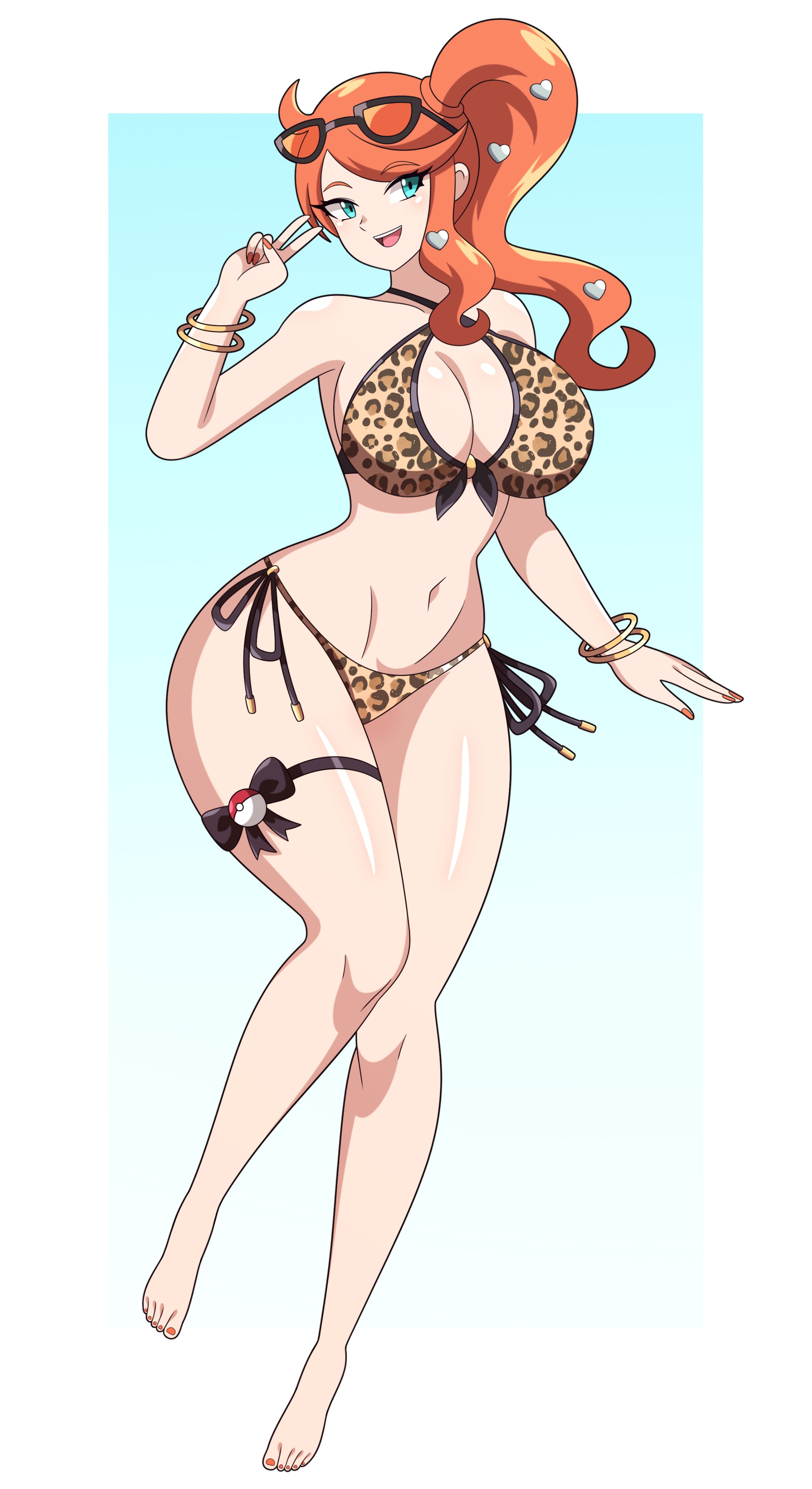 1girls, abysswatchers, aqua eyes, aqua nails, barefoot, big breasts, bikini, bracelet, breasts, cleavage, eyewear on head, female, female only, full body, hair ornament, heart, heart hair ornament, jewelry, large breasts, long hair, looking at viewer, nail polish, navel, open mouth, orange hair, pokemon, pokemon ss, side ponytail, side-tie bikini, smile, solo, sonia (pokemon), sunglasses, swimsuit