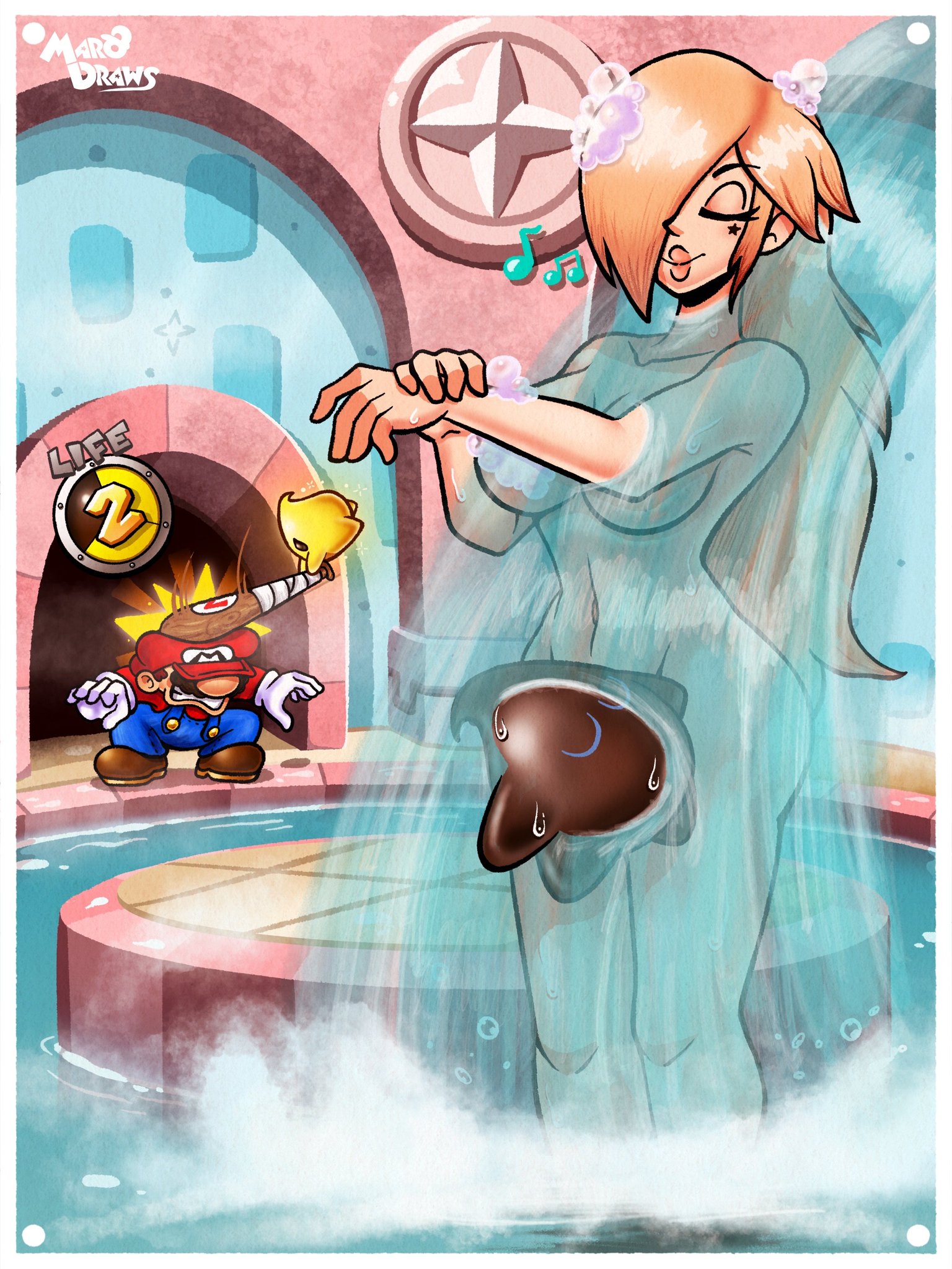 1boy, 1girls, 2d, artist name, artist signature, bat, bathing, big breasts, blonde, blonde female, blonde-haired female, blush, bonk (meme), boy, breasts, comical, completely naked, completely naked female, completely nude, completely nude female, eyes closed, female, fully clothed, fully clothed human, fully clothed male, go to horny jail, hat, high quality, high resolution, highres, light skin, light-skinned female, luma, male, mario, mario (series), marodraws, mustache, naked, naked female, nintendo, no horny, nude, nude female, overalls, polari, princess rosalina, red shirt, shower, sketch, smooth skin, soap, solo female, solo male, super mario bros., super mario galaxy, twitter link, walk-in, watermark, weapon