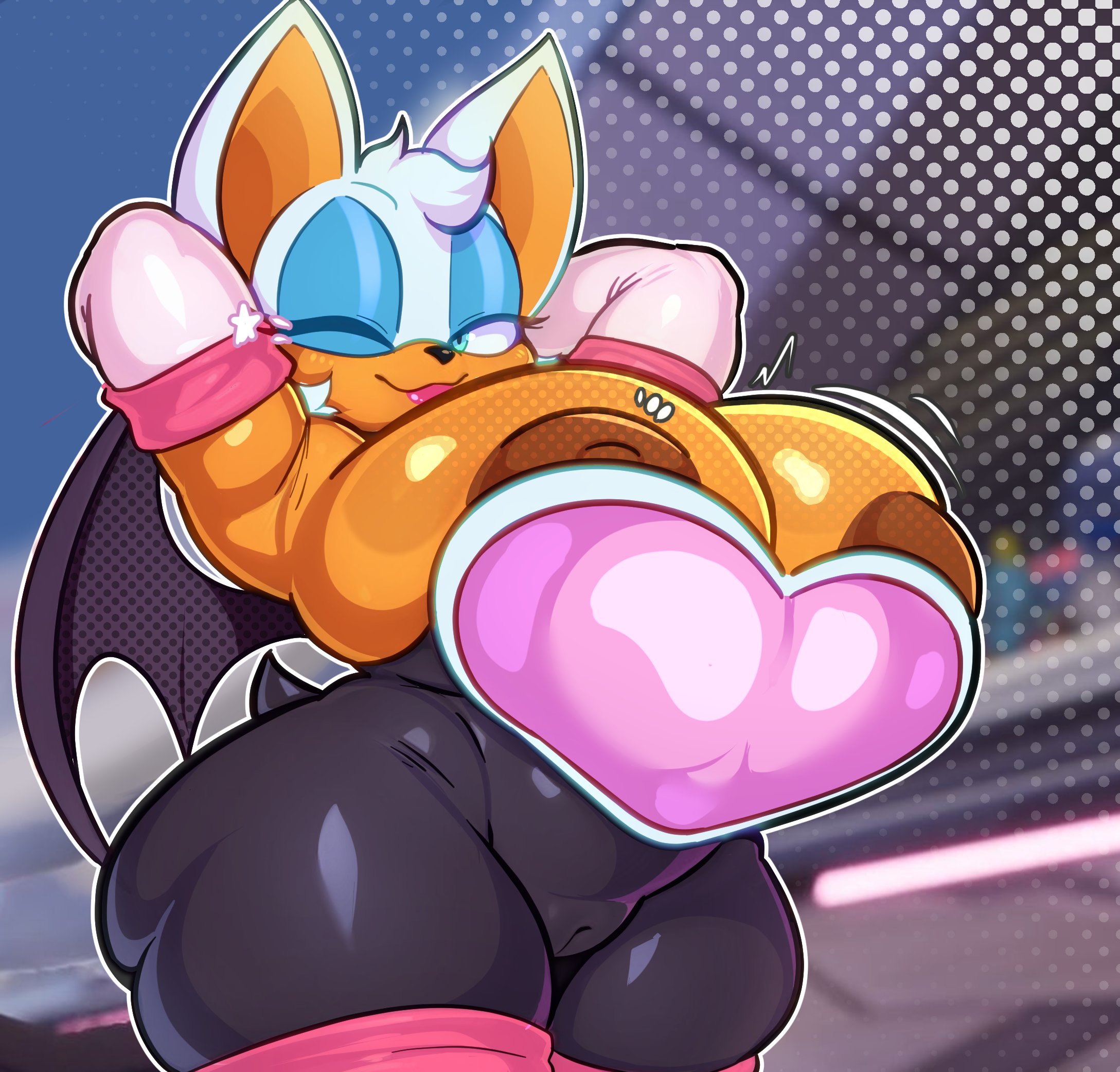 1girls, animal ears, anthro, areola slip, areolae, armpits, arms up, bat ears, bat wings, big breasts, bimbo, blue eyeshadow, breast focus, breasts, cameltoe, cleavage, clothing, detached sleeves, eyeshadow, female, female only, furry, green eyes, half-closed eyes, huge breasts, illustratorfake, large breasts, lips, lipstick, makeup, motion lines, one eye closed, pink lips, pink lipstick, pose, posing, rouge the bat, sega, solo, solo female, sonic (series), sonic the hedgehog (series), star, stretching, tail, wings, wink, winking
