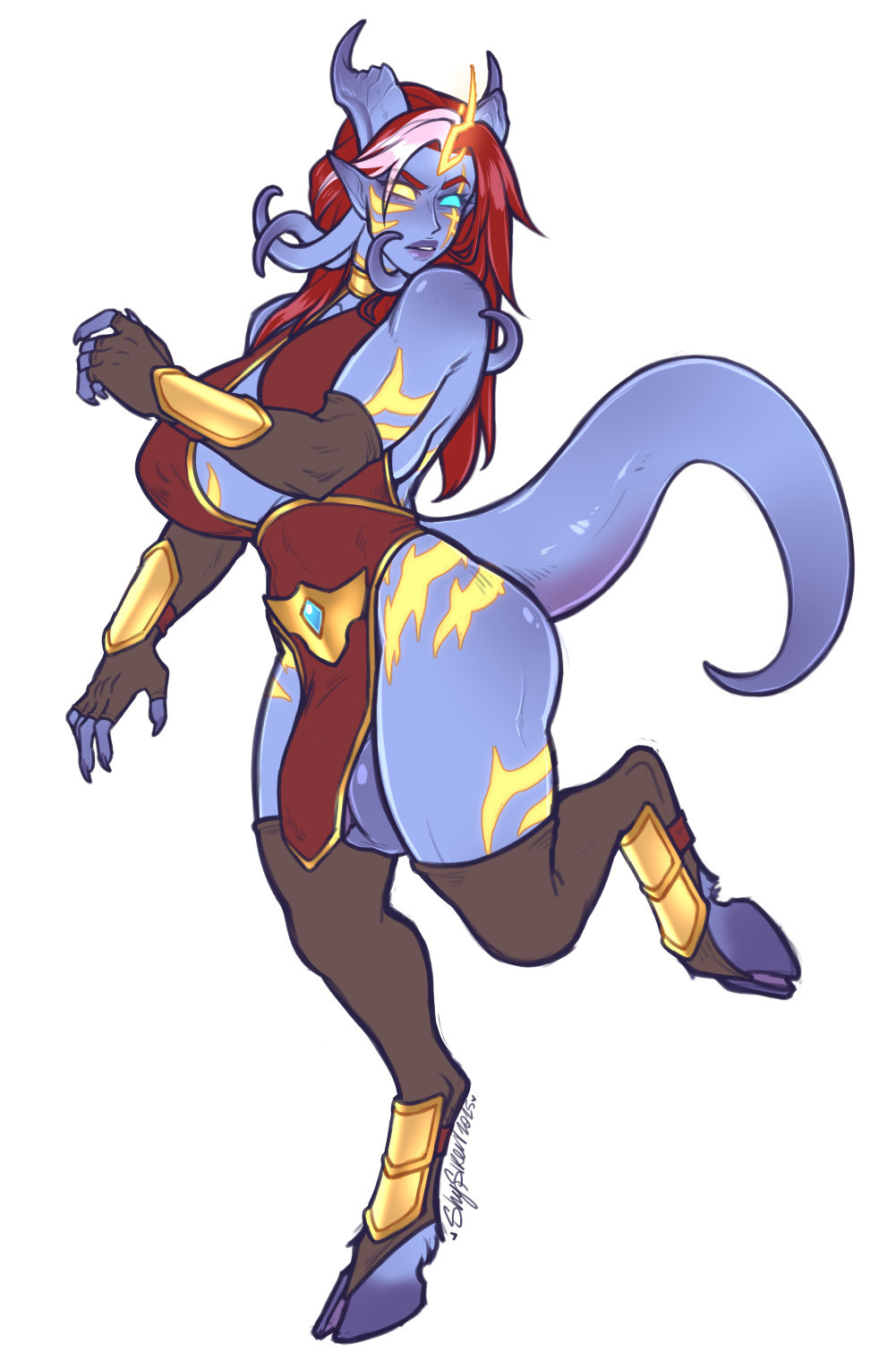 balls, big ass, breasts, draenei, elbow gloves, fingerless gloves, flaccid, futa only, futanari, glowing markings, heterochromia, hooves, huge balls, huge breasts, intersex, no panties, penis, penis peek, penis under clothes, penis under loincloth, red hair, shysiren, warcraft, wardrobe malfunction, white background, world of warcraft