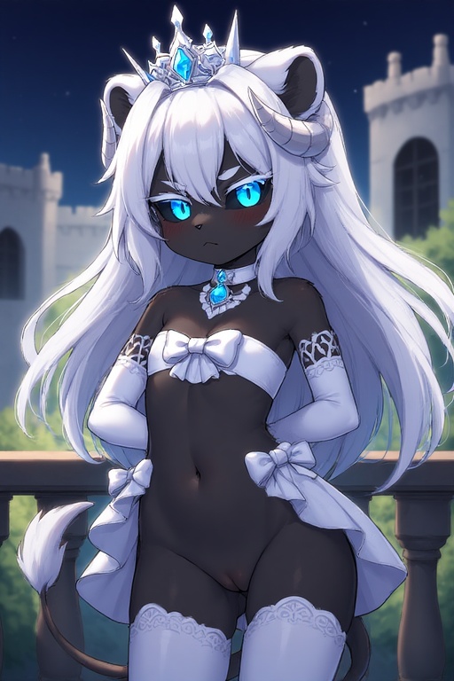 ai generated, annoyed, anthro, black body, black sclera, blue eyes, bow, choker, demon, feline, female, flat chest, furry, hands behind back, horns, jewelry, lion, long hair, night, pussy, royalty, slit pupils, thighhighs, white hair, young