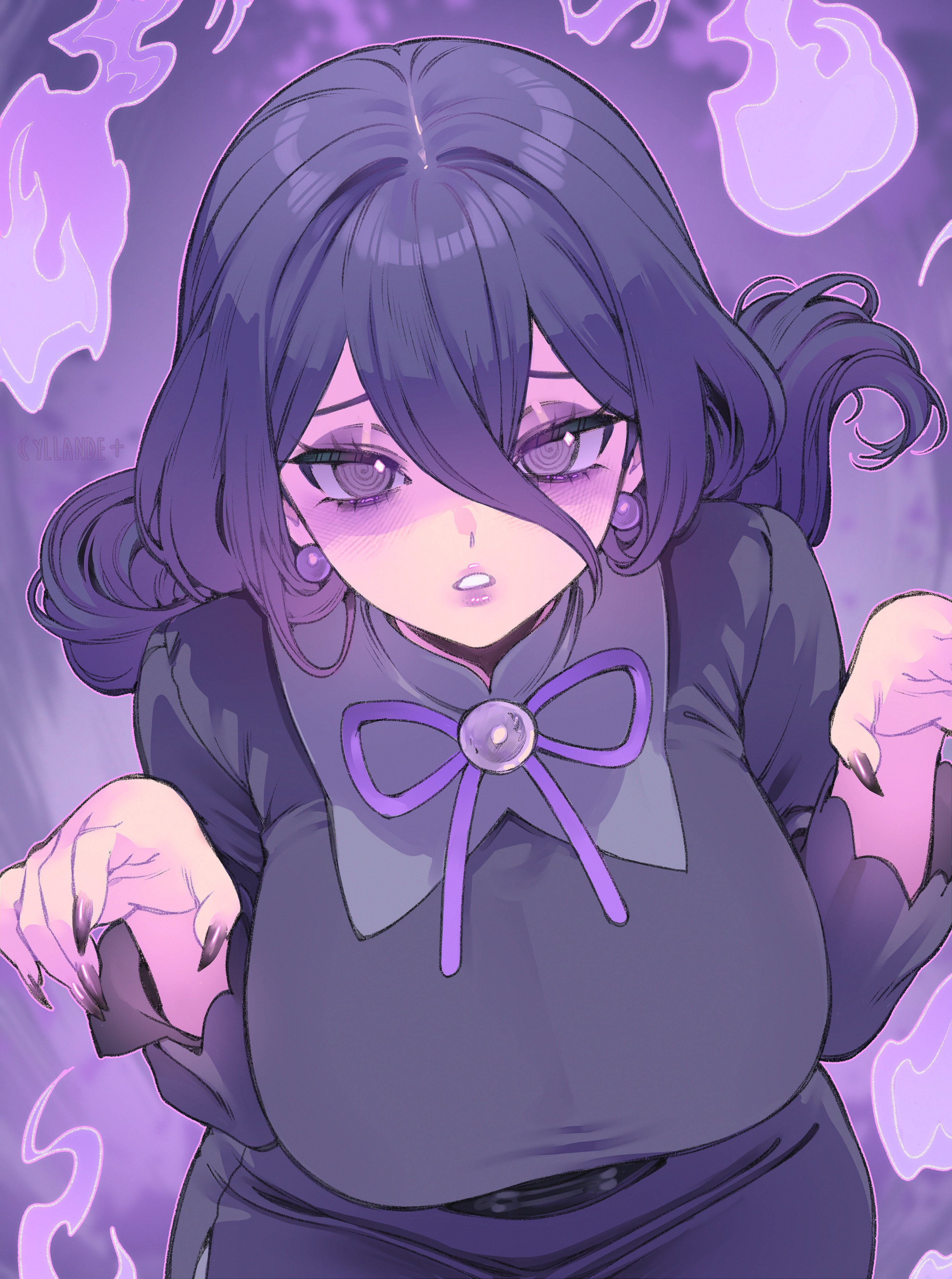 absurdres, alternate breast size (larger), black corset, black dress, black hair, breasts, corset, dress, earrings, female, female only, game freak, hair between eyes, hex maniac, hex maniac (pokemon legends: z-a), highres, jewelry, large breasts, long hair, long sleeves, looking at viewer, neck ribbon, nintendo, open mouth, parted lips, pokemon, pokemon legends: z-a, purple eyes, purple lips, purple nails, purple ribbon, purple theme, ribbon, solo, yiiande