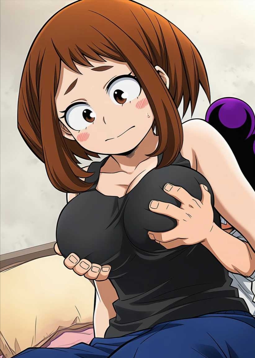 1boy, 1girls, ai generated, before sex, breast grab, breasts, female, grabbing breasts, male, minoru mineta, my hero academia, nervous, ochako uraraka, u.a. gym uniform