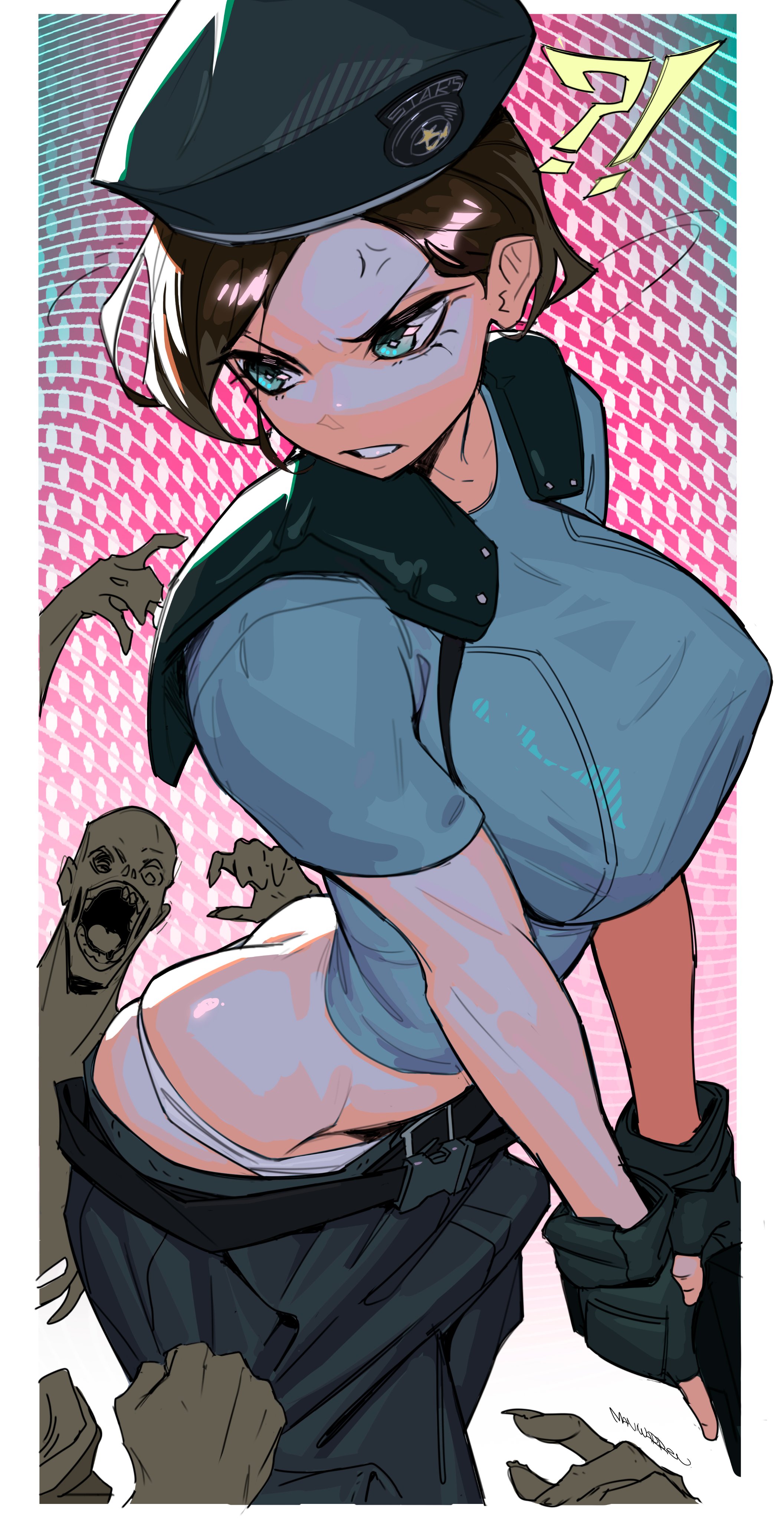 ?!, 1girls, absurd res, absurd resolution, absurdres, anger vein, angry, annoyed, annoyed expression, aqua eyes, ass, ass cleavage, ass crack, belt, beret, big breasts, black gloves, blue eyes, boobs and butt pose, bottomwear halfway down, breasts, brown hair, busty, butt crack, capcom, clothes pull, curvaceous, curvy, curvy female, curvy figure, female, female focus, fingerless gloves, gloves, groin, gun, hat, headwear, hi res, high resolution, highres, holding, holding gun, holding weapon, human, jill valentine, jill valentine (sasha zotova), large breasts, light skin, light-skinned female, maniwarren, medium hair, panties, panties down, pants, pants down, pants pull, pants pulled down, pulling down panties, pulling down pants, pulling panties, resident evil, resident evil 1, resident evil 3, short hair, short sleeves, shoulder pads, tagme, underwear, voluptuous, voluptuous female, weapon, white panties, zombie