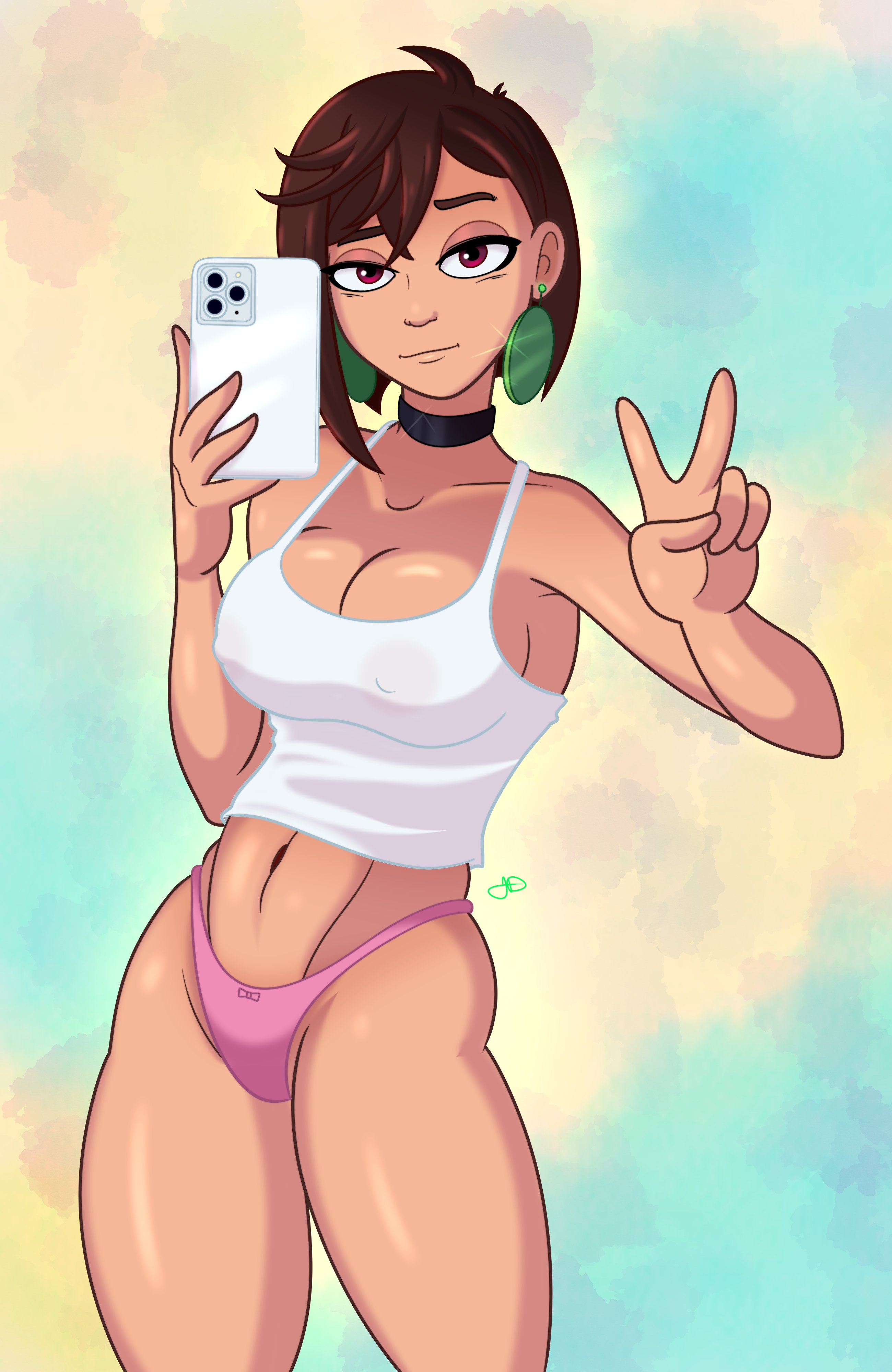 1girls, ayase momo, big breasts, braless, breasts, brown hair, brown-haired female, dandadan, female, female only, jumpdriiver, nipples, nipples visible through clothing, panties, selfie, smartphone, solo, tank top, translucent clothing