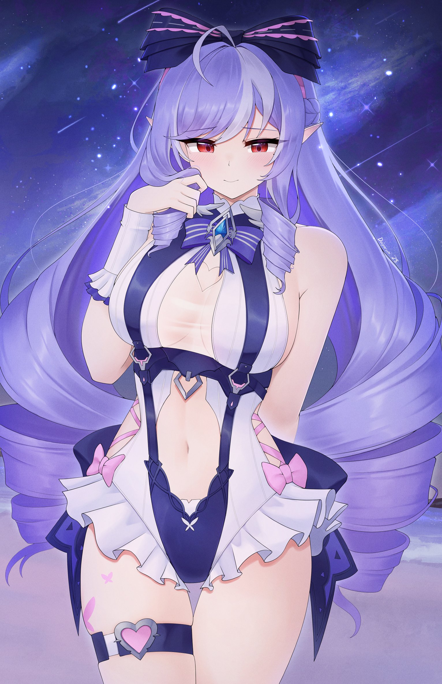 1girls, breasts, doiparuni, exposed breasts, female, hoyoverse, legs, long hair, mihoyo, official alternate costume, purple hair, red eyes, swimsuit, vivian banshee, vivian banshee (iris of the shore), white swimsuit, zenless zone zero