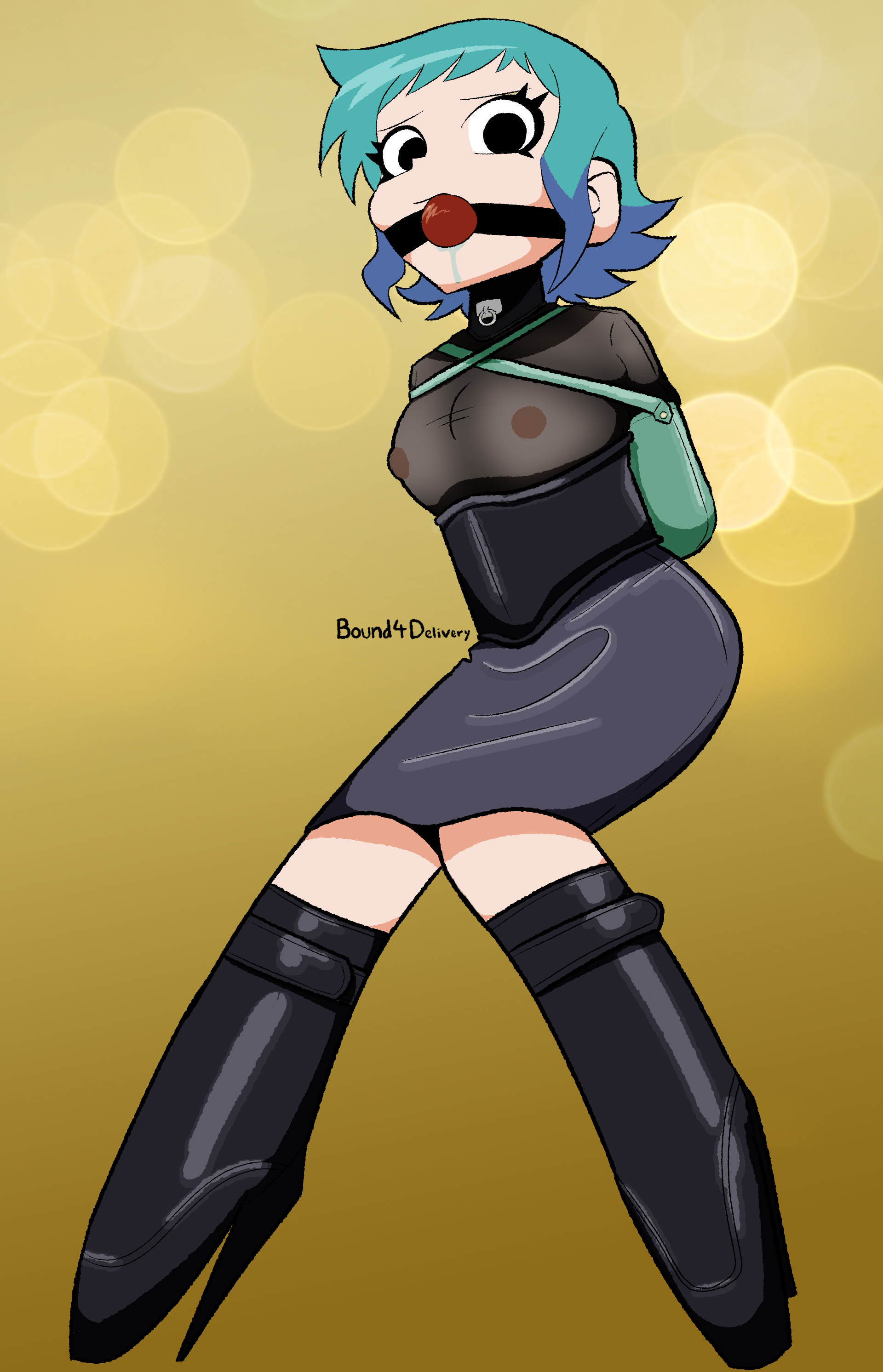 1girls, alternate version at source, armbinder, ball gag, blue hair, bondage, bound4delivery, boxbinder, breasts, drooling, female, female only, femsub, gag, gagged, nipples, nipples visible through clothing, ramona flowers, saliva, scott pilgrim, small breasts, solo, translucent clothing, two-tone hair