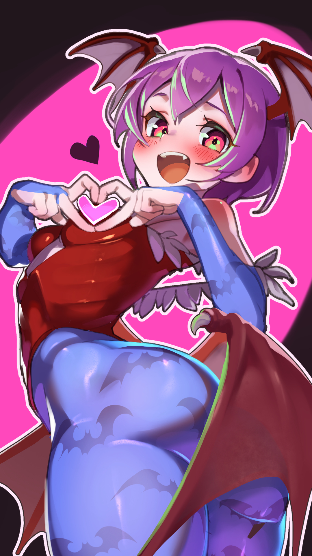 1girls, bat print, blue pantyhose, blush, breasts, capcom, cute fang, darkstalkers, female, female only, gauntlets, heart, heart hands, hi res, leotard, life is pi, lilith aensland, looking at viewer, open mouth, pantyhose, purple hair, red eyes, small breasts, smiling, smiling at viewer, solo, succubus, succubus wings, thick ass, thick thighs, wings