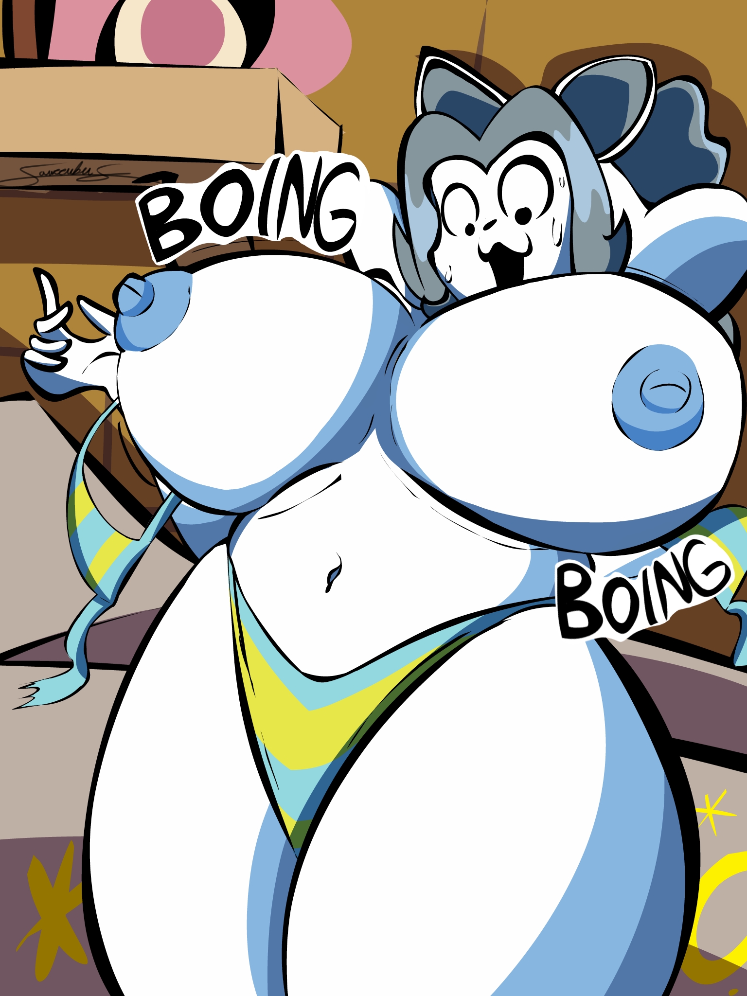 anthro, anthro only, big breasts, bikini, bikini bottom, bikini only, bikini top, blue nipples, breasts, female, female anthro, female only, furry, furry female, furry only, huge breasts, massive breasts, sawccubus, sweatdrop, temmie, temmie (deltarune), temmie (undertale), undertale, undertale (series)