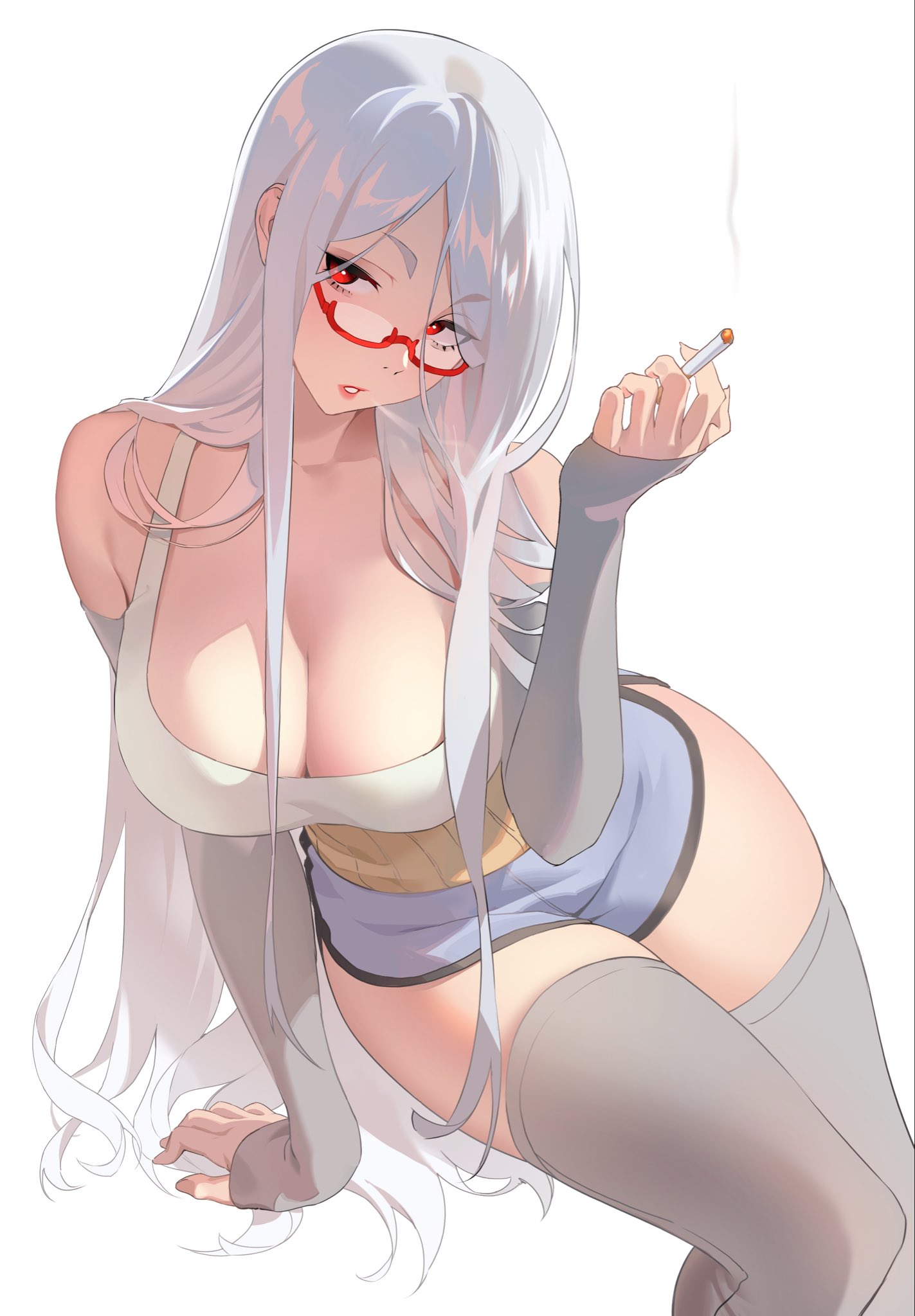 1girls, arm support, arm warmers, ayase seiko, bare shoulders, between fingers, big breasts, breasts, cigarette, cleavage, dandadan, dolphin shorts, feet out of frame, female, female only, glasses, grey arm warmers, grey hair, grey thighhighs, hair down, haramaki, hashtag-only commentary, hi res, highres, holding, holding cigarette, invisible chair, large breasts, long hair, looking at viewer, mature female, parted bangs, parted lips, purple shorts, red eyes, red-framed eyewear, semi-rimless eyewear, serpent (pepepp39), short shorts, shorts, silver hair, simple background, sitting, sleeves past wrists, smoke, smoking, solo, tank top, thick thighs, thighhighs, thighs, under-rim eyewear, very long hair, white background, white legwear, white tank top