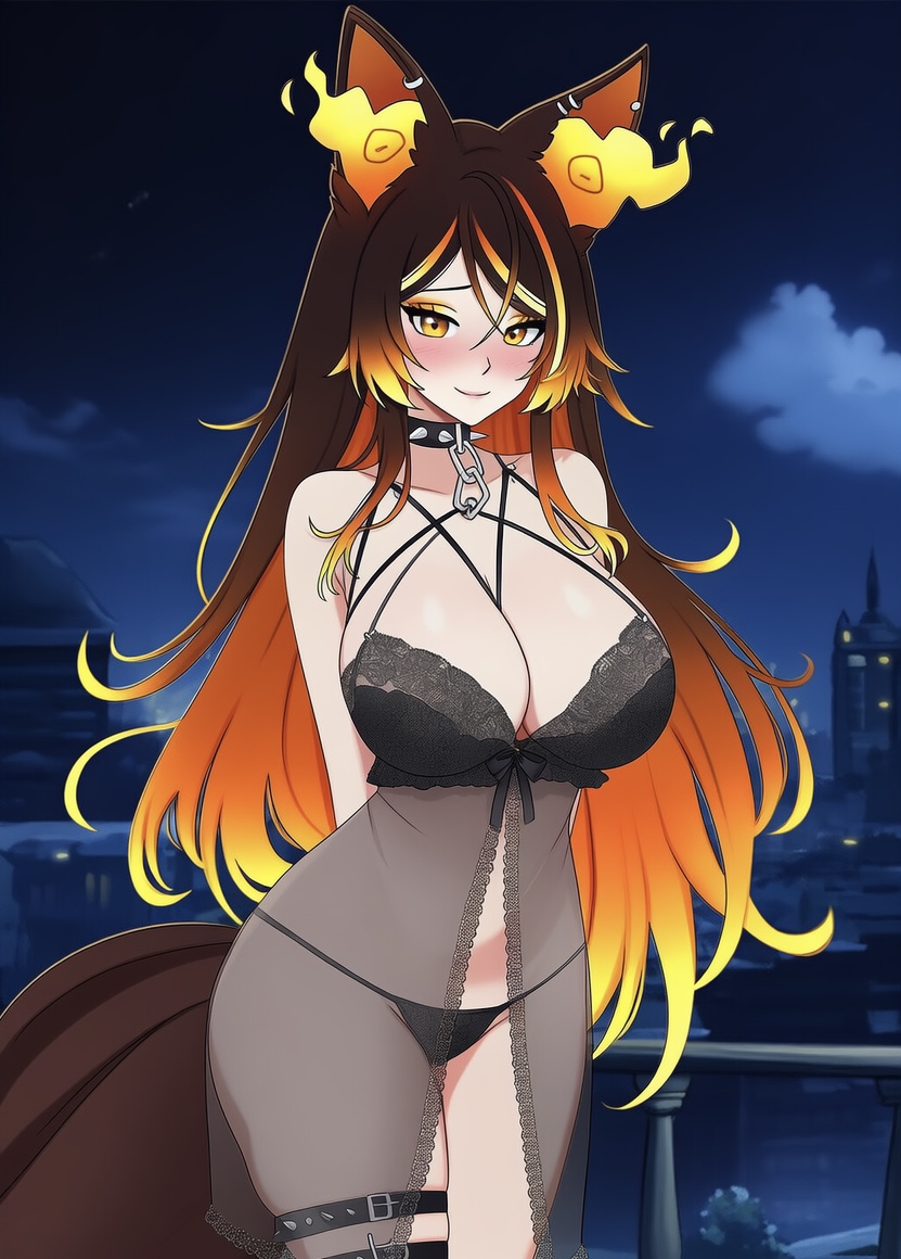 1girls, ai generated, arms behind back, beautiful, big breasts, blush, breasts, brown hair, canine, cleavage, ears, eyeshadow, felixxwaifu, female, female only, hellhound, huge breasts, large breasts, legs together, long hair, looking at viewer, multicolored hair, night, night sky, nightgown, orange eyes, orange hair, outdoors, outside, panties, sexy, sinder (vtuber), smile, solo female, spiked collar, virtual youtuber, vtuber, wolf, wolf ears, wolf girl, wolf tail, yellow hair